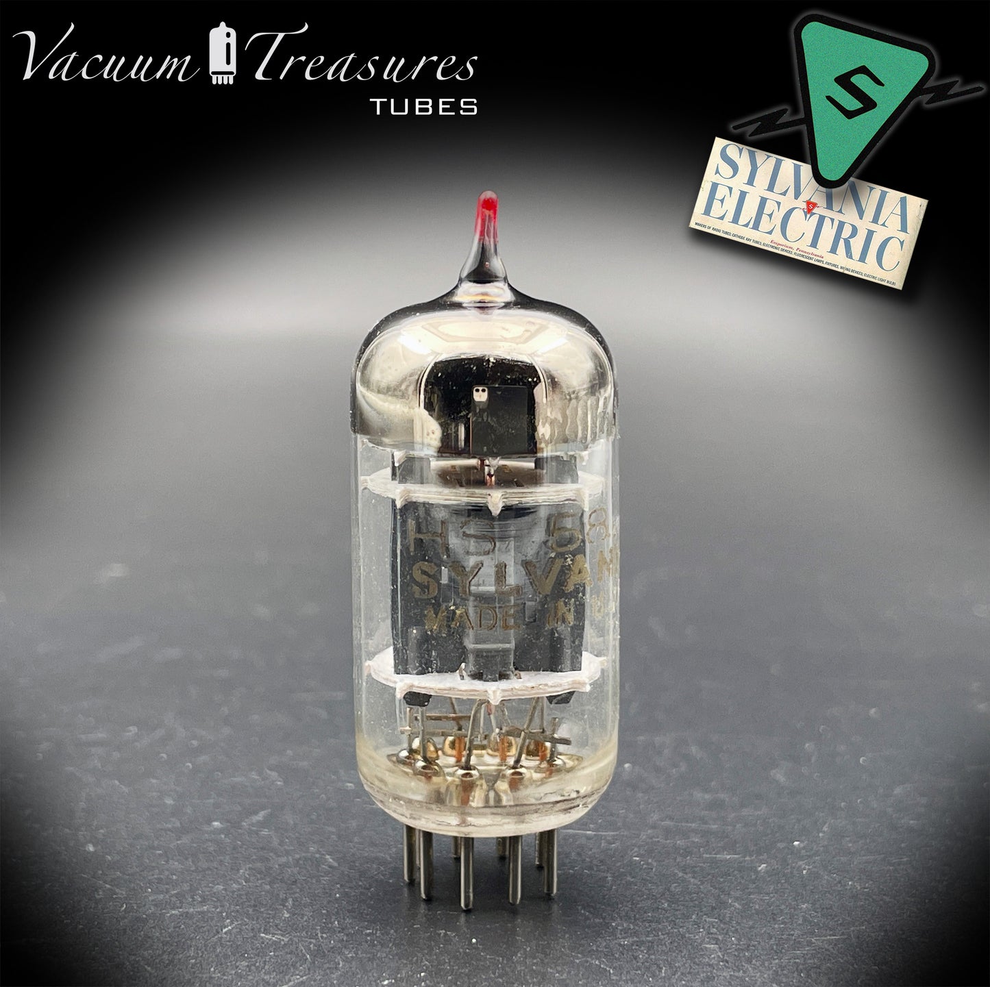 5814A / 12AU7 Sylvania Gold Brand Triple Mica Red Tip Square Getter Made in USA