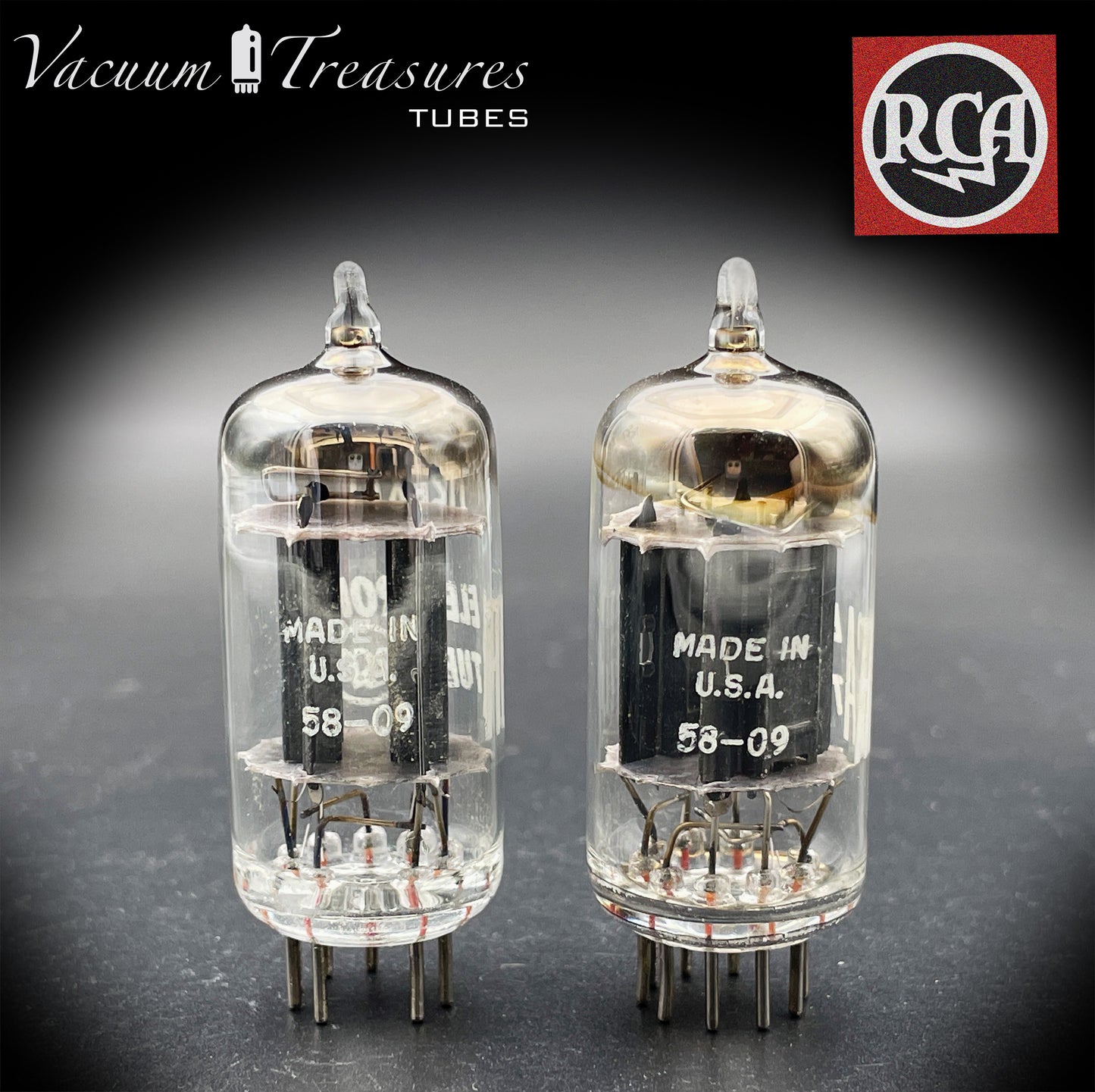 12AX7 / ECC83 RCA Matched Pair Long Black Plates Square Tilt getter Made in USA '58