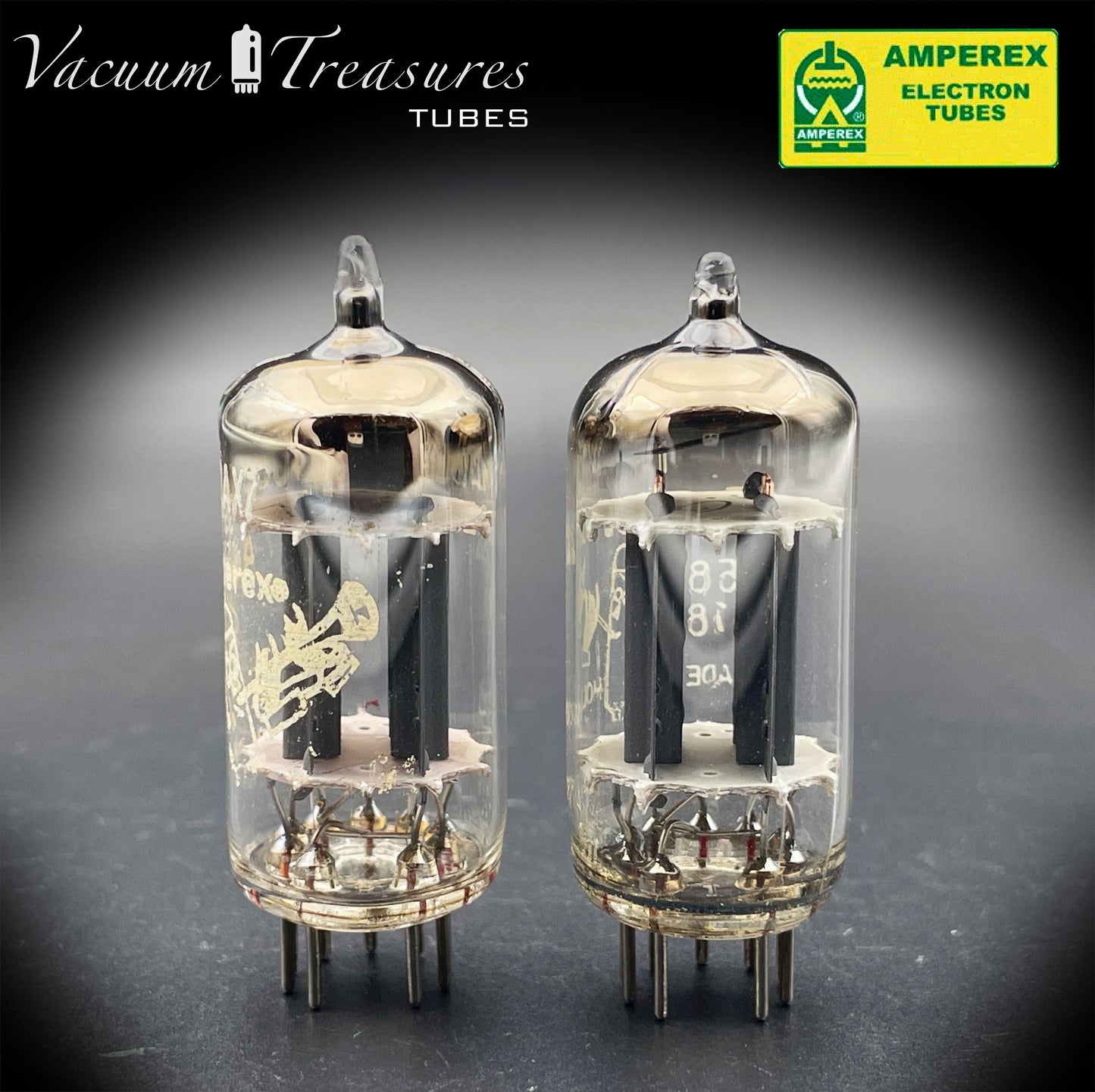 12AX7 / ECC83 NOS Amperex Bugle Boy Matched Pair AMPLITREX Tested Long Plates Foil Getter '50s