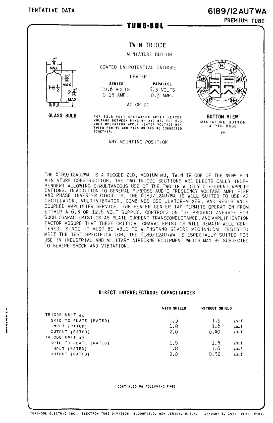 12AU7WA / CV4003 / 6189 Heinz &amp; Kauffman Triple Mica Black Plates Square Getter Made in USA