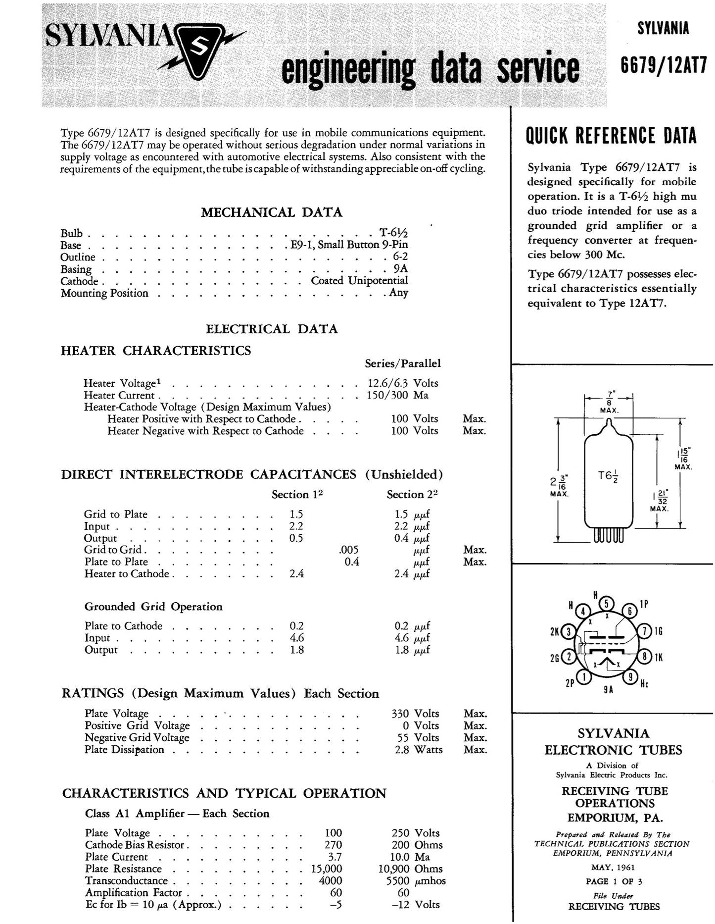 12AT7WA E81CC 6201 NOS SYLVANIA Matched Pair - Black Plates Halo Getter Made in USA