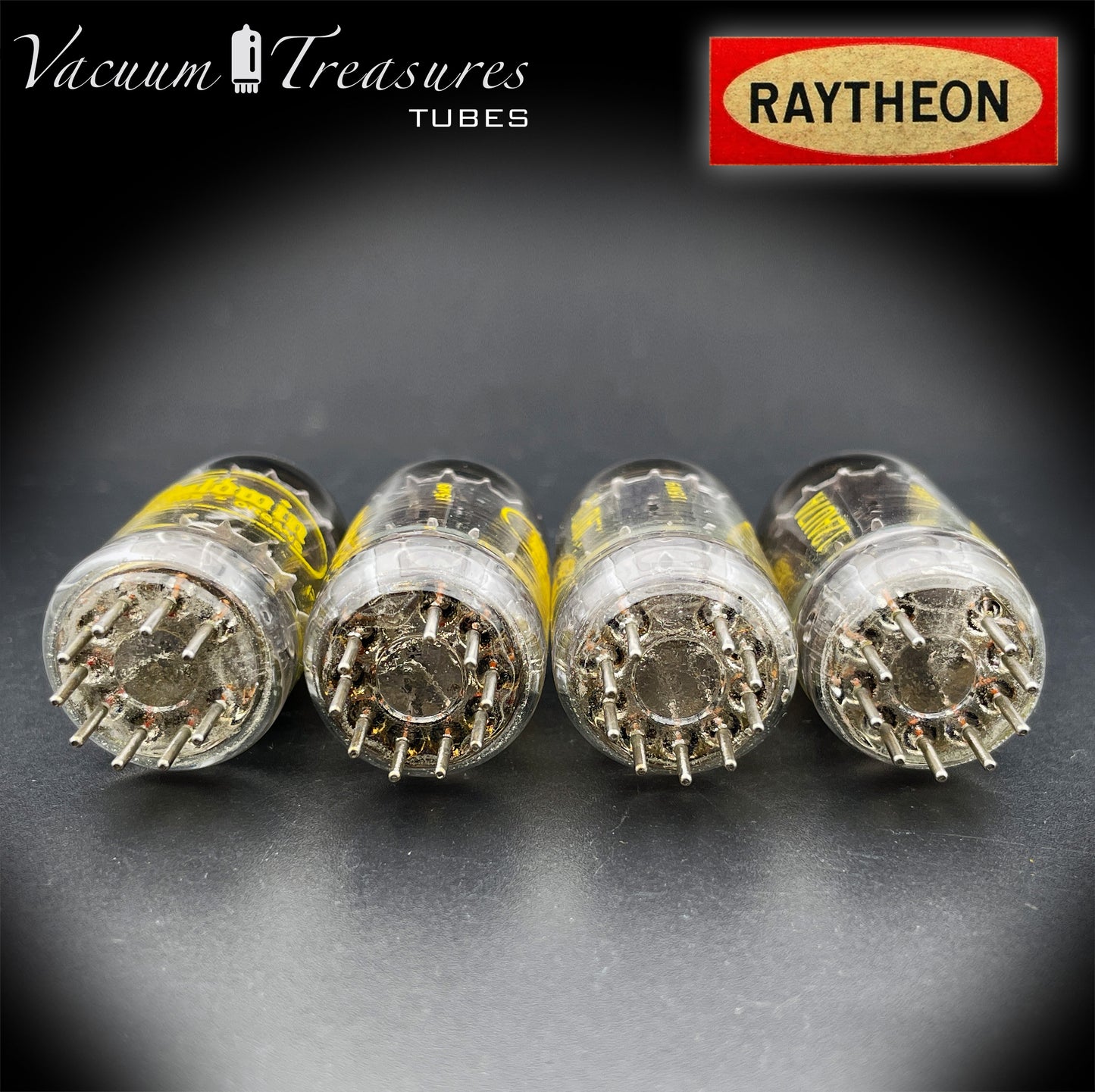 12AU7A / ECC82 NOS Baldwin by RAYTHEON Matched Quad Tubes Long Black Plates Halo Getter Made in USA '61
