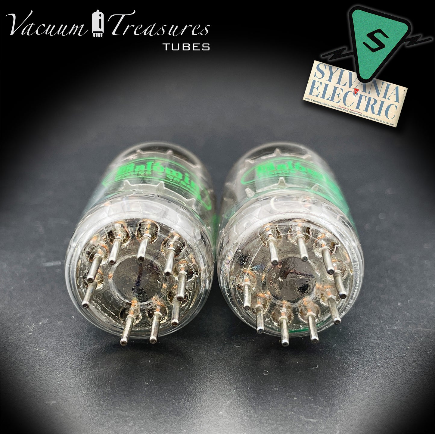 12AU7A / ECC82 NOS Baldwin by Sylvania Matched Pair Long Gray Plates Halo Getter Tubes USA '63