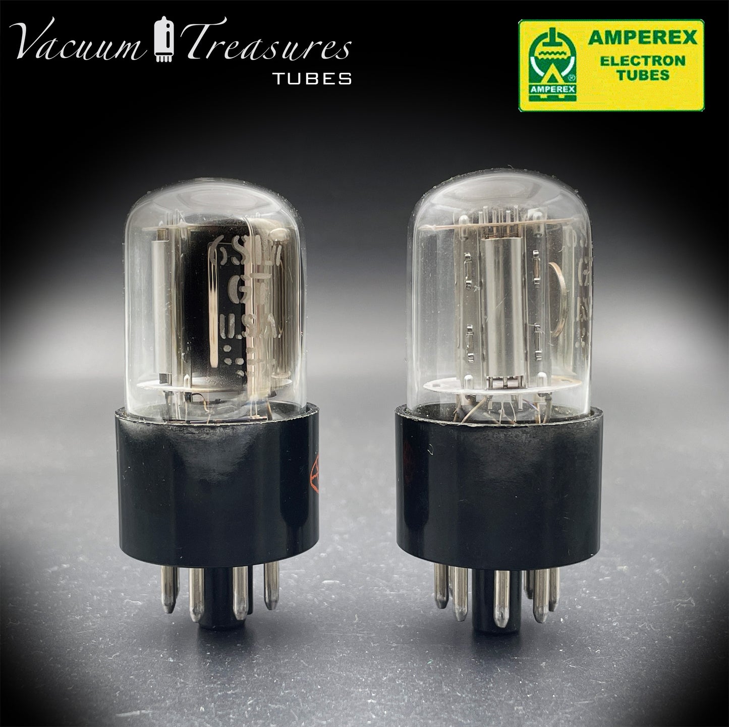 6SL7GT AMPEREX GLOBE Matched Pair Silver Plates Side Halo Getter Tubes USA 60s