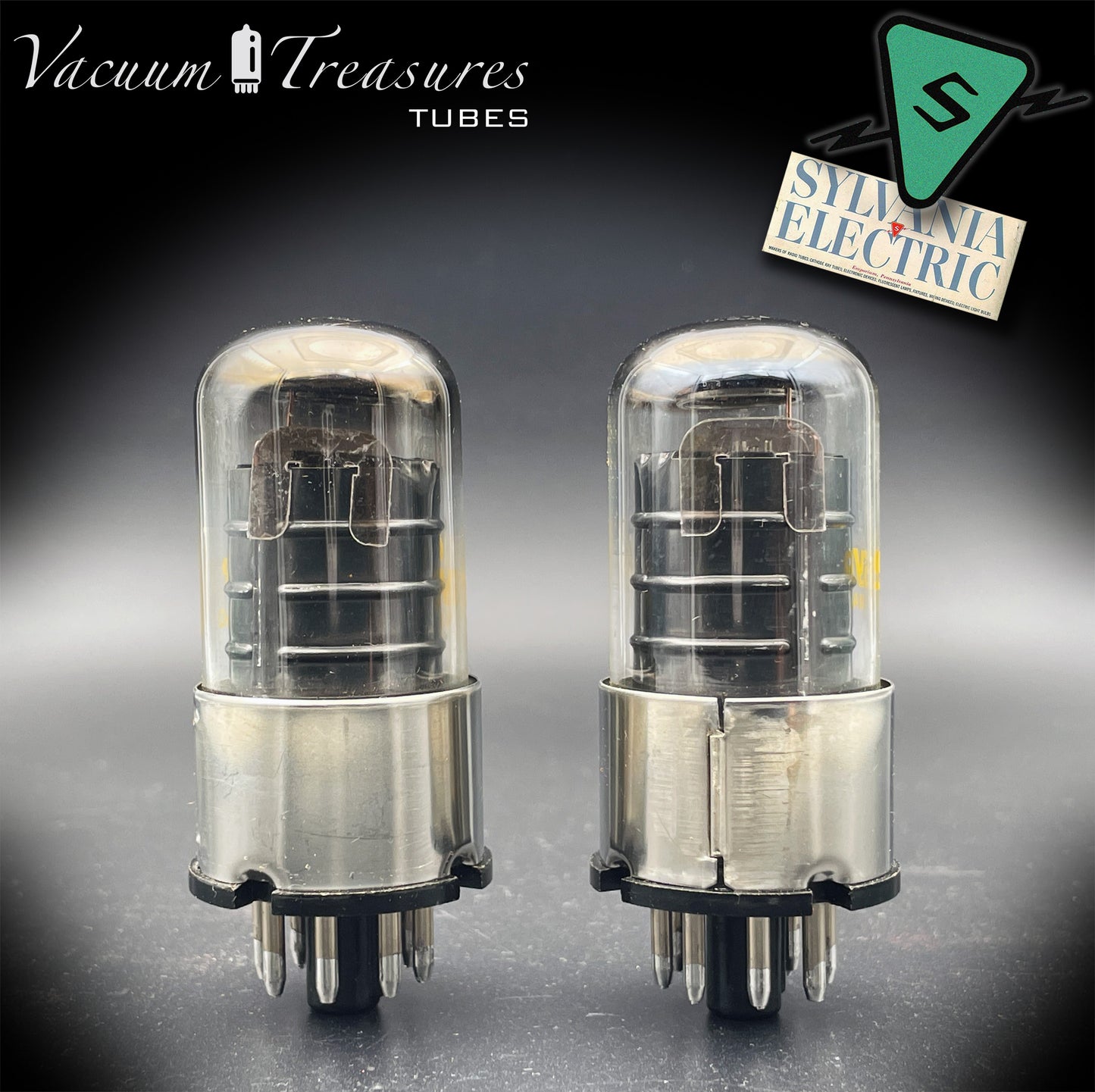 6SJ7GT SYLVANIA Matched Pair Metal Base Black Plates Halo Getter Made in USA '60s