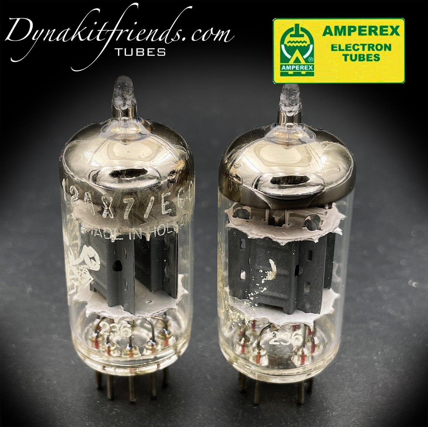 ECC83 ( 12AX7 ) Amperex Bugle Boy Short Plate Large O Getter Holland 1961 Matched Pair Valve Tubes