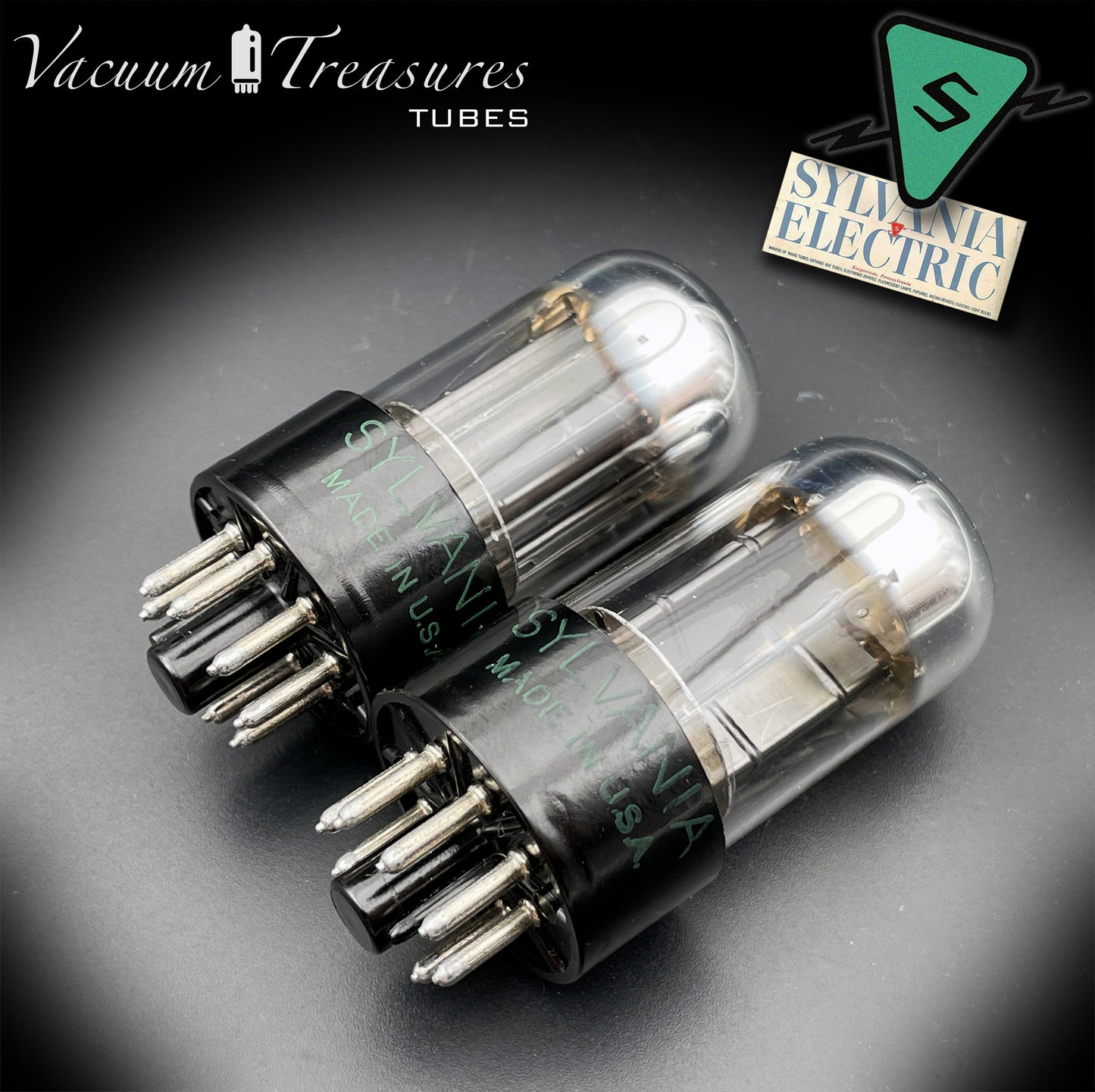 6SN7GTB NOS SYLVANIA CHROME TOP Green Dot Matched Pair Black Plates Tubes USA '50s