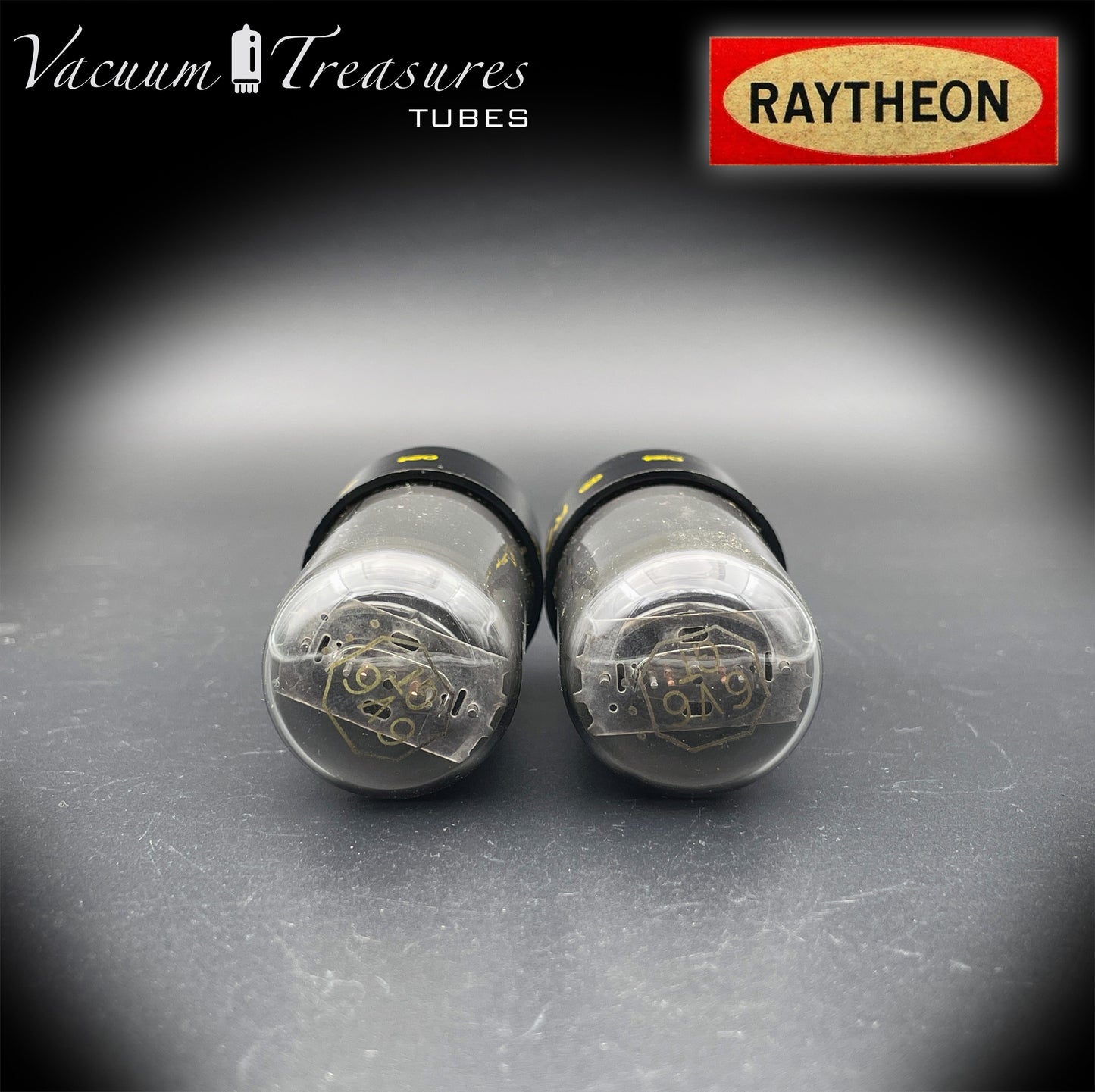 6V6 GT RAYTHEON NOS NIB Black Plates Grafite Glass Square Getter Matched Tubes Made in USA '50s