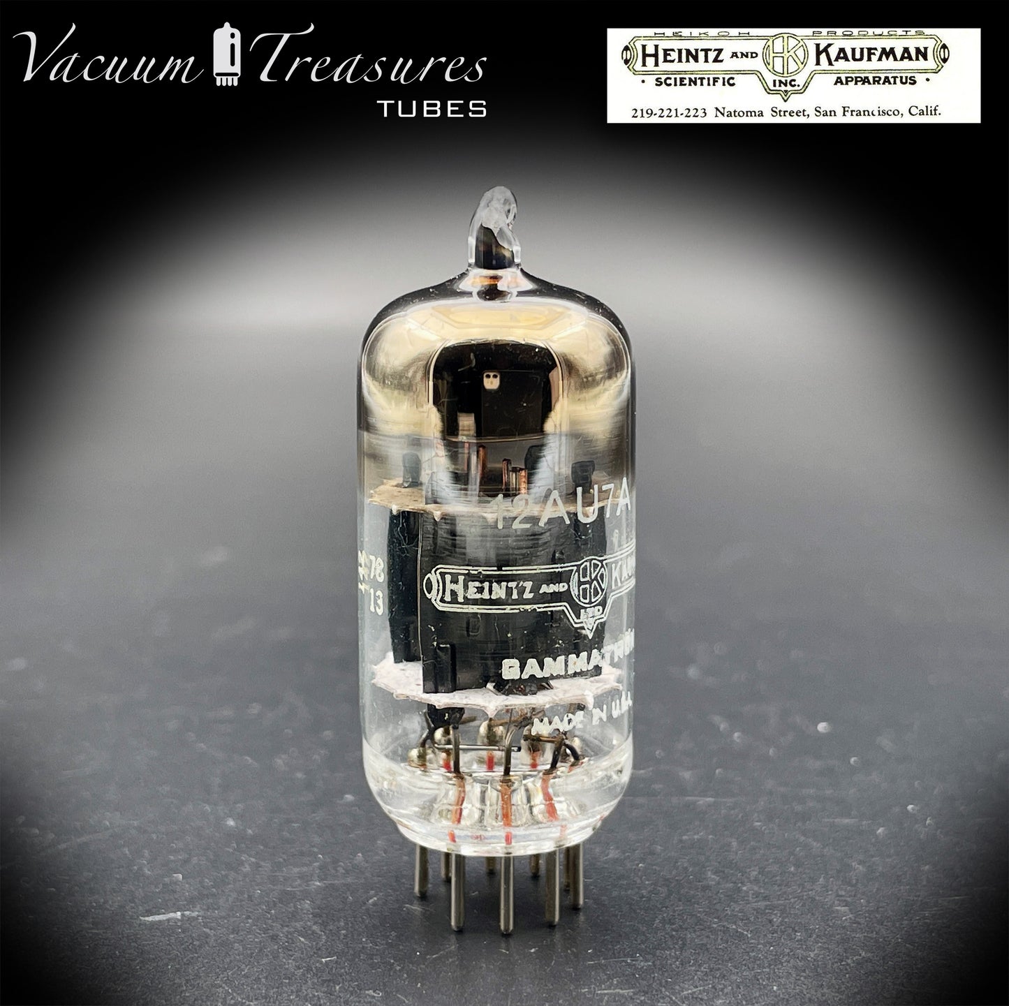 12AU7A / ECC82 Heinz & Kauffman Black Plates Horse Shoe Getter Made in USA