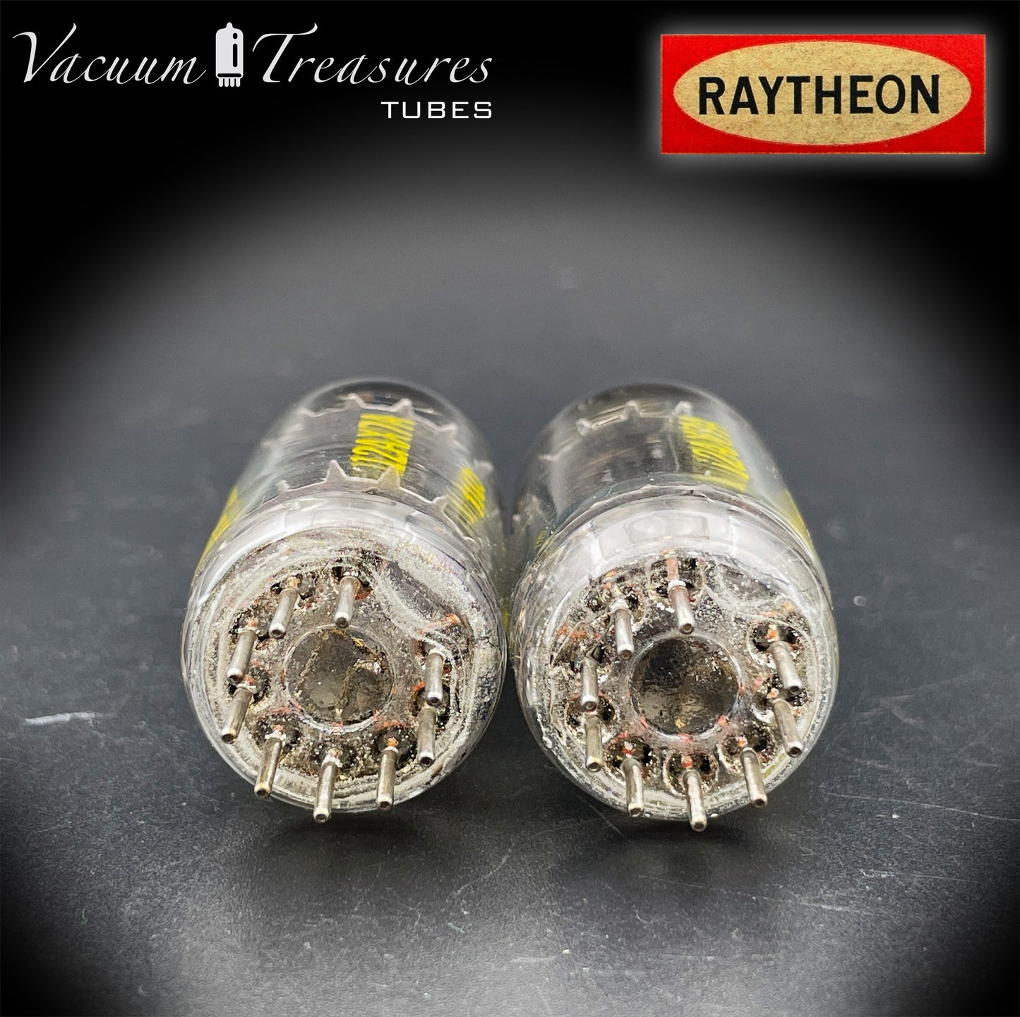 12AX7A ECC83 Baldwin Raytheon Matched Pair Tubes – Long Black Plates Halo Getter USA 1960s