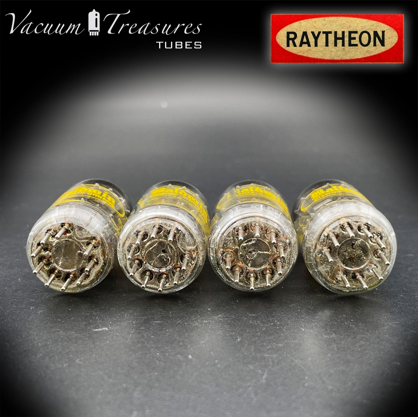12AU7A / ECC82 NOS Baldwin by RAYTHEON Matched Quad Tubes Long Black Plates Halo Getter Made in USA '61