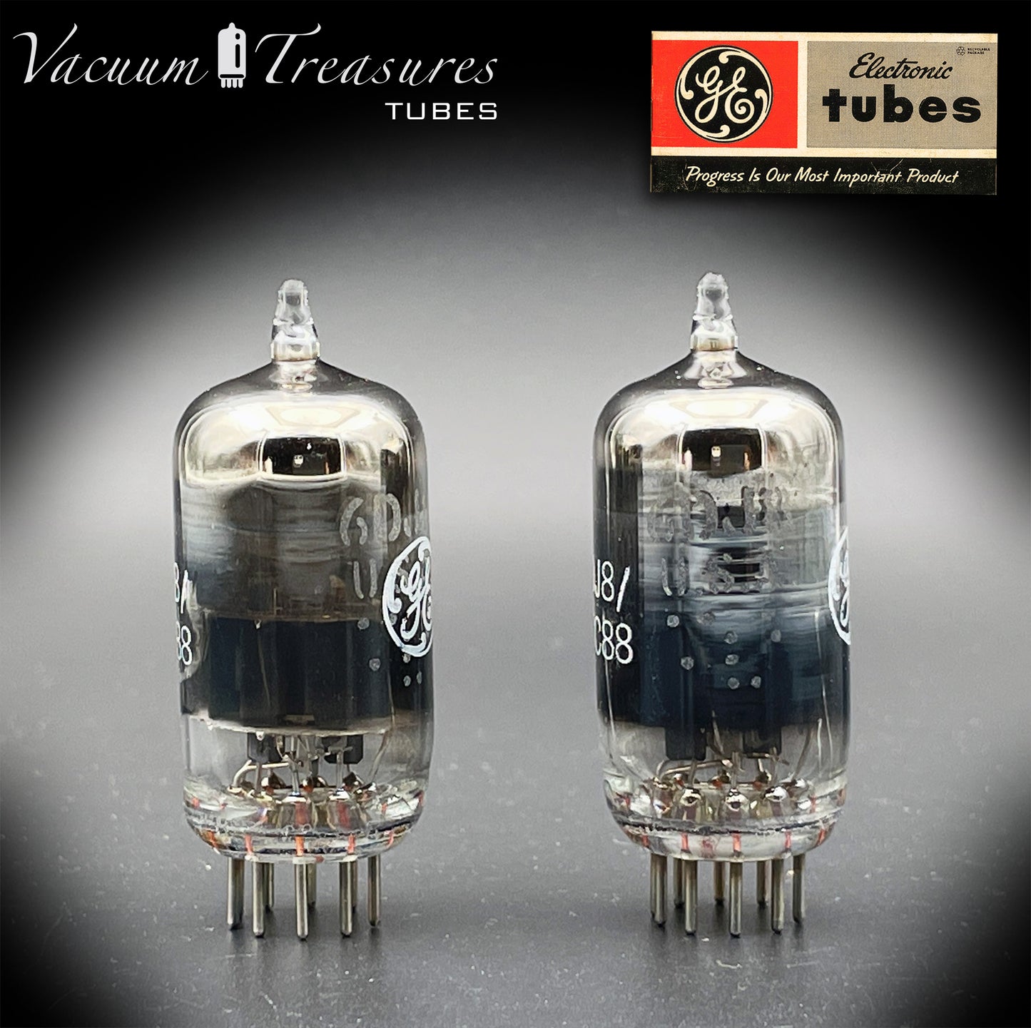 ECC88 ( 6DJ8 ) GE NOS NIB Black Glass Halo Getter Matched Pair Tubes Made in USA