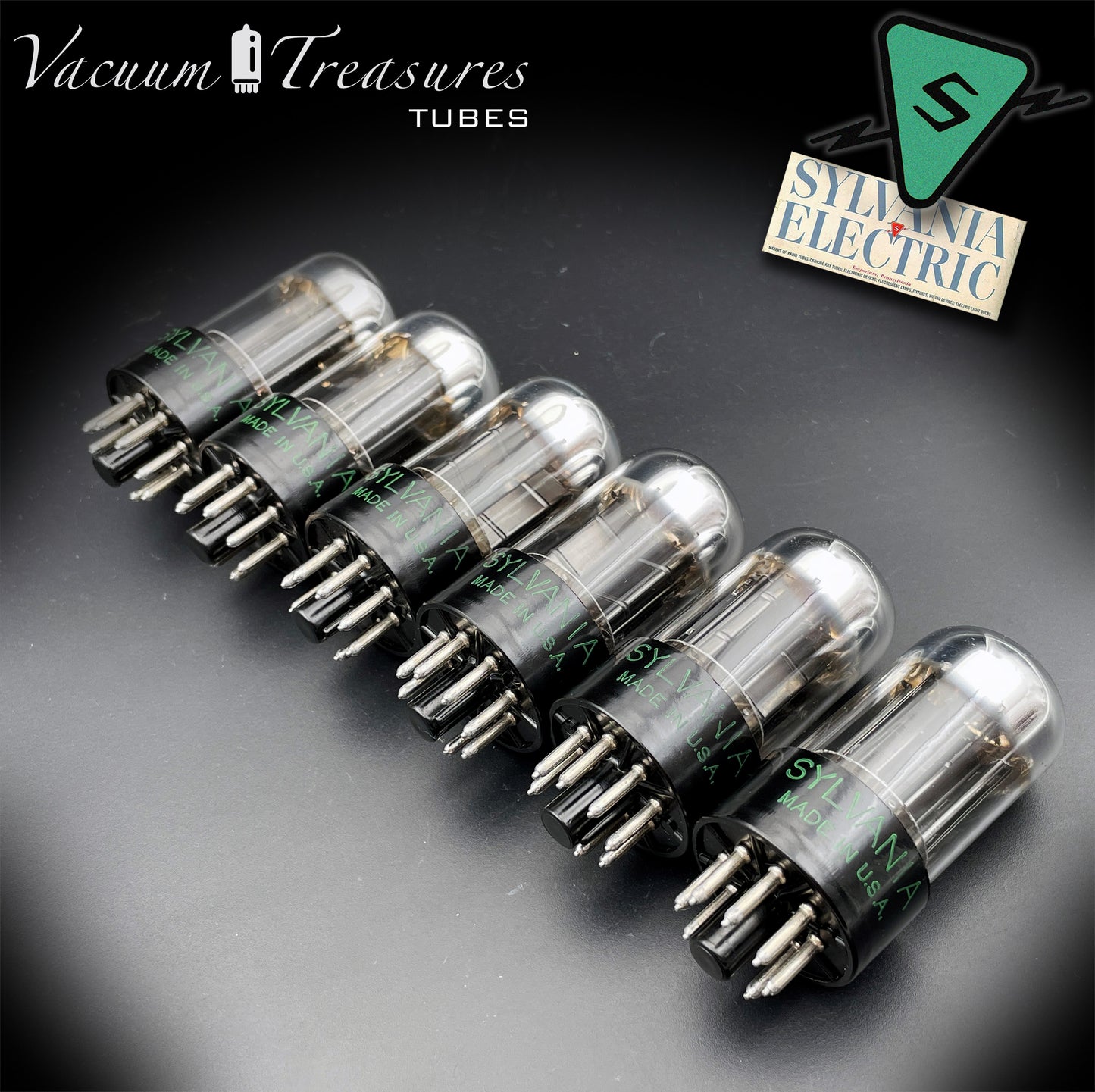 6SN7GTB NOS SYLVANIA CHROME TOP Green Dot Matched Sextet Black Plates Tubes USA