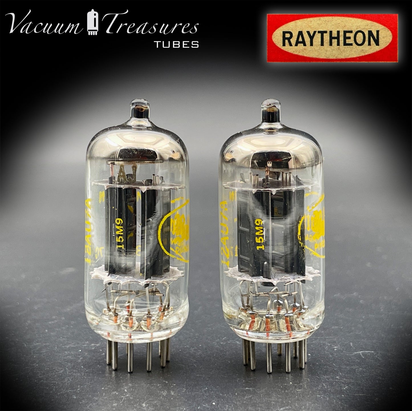 12AU7A / ECC82 NOS Baldwin by RAYTHEON Matched Pair Tubes Long Black Plates Halo Getter Made in USA '61