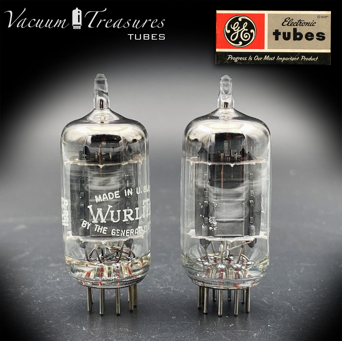 12AX7 / ECC83 Wurlitzer by GE Matched Pair Long Gray Plates Halo Getter Made in USA '63