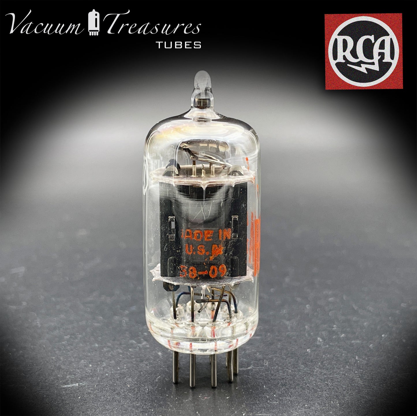 12AX7 / ECC83 RCA Long Black Plates Square Tilt getter - Balanced - Low Noise & Mic - Made in USA '58
