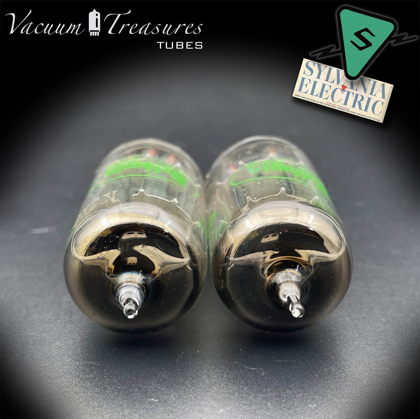 12AX7 ECC83 Baldwin by SYLVANIA – Matched Pair – Long Gray Plates Halo Getter USA 1959