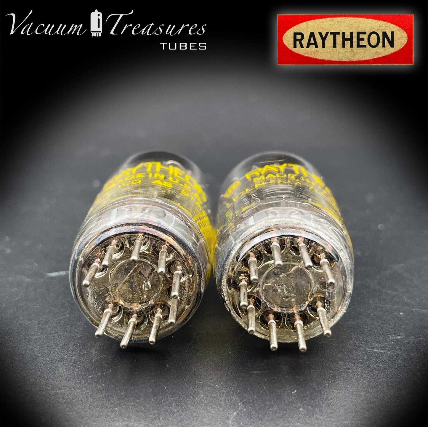 12AU7 ECC82 RAYTHEON Matched Pair Long Black Plates Square Getter Tubes USA '58