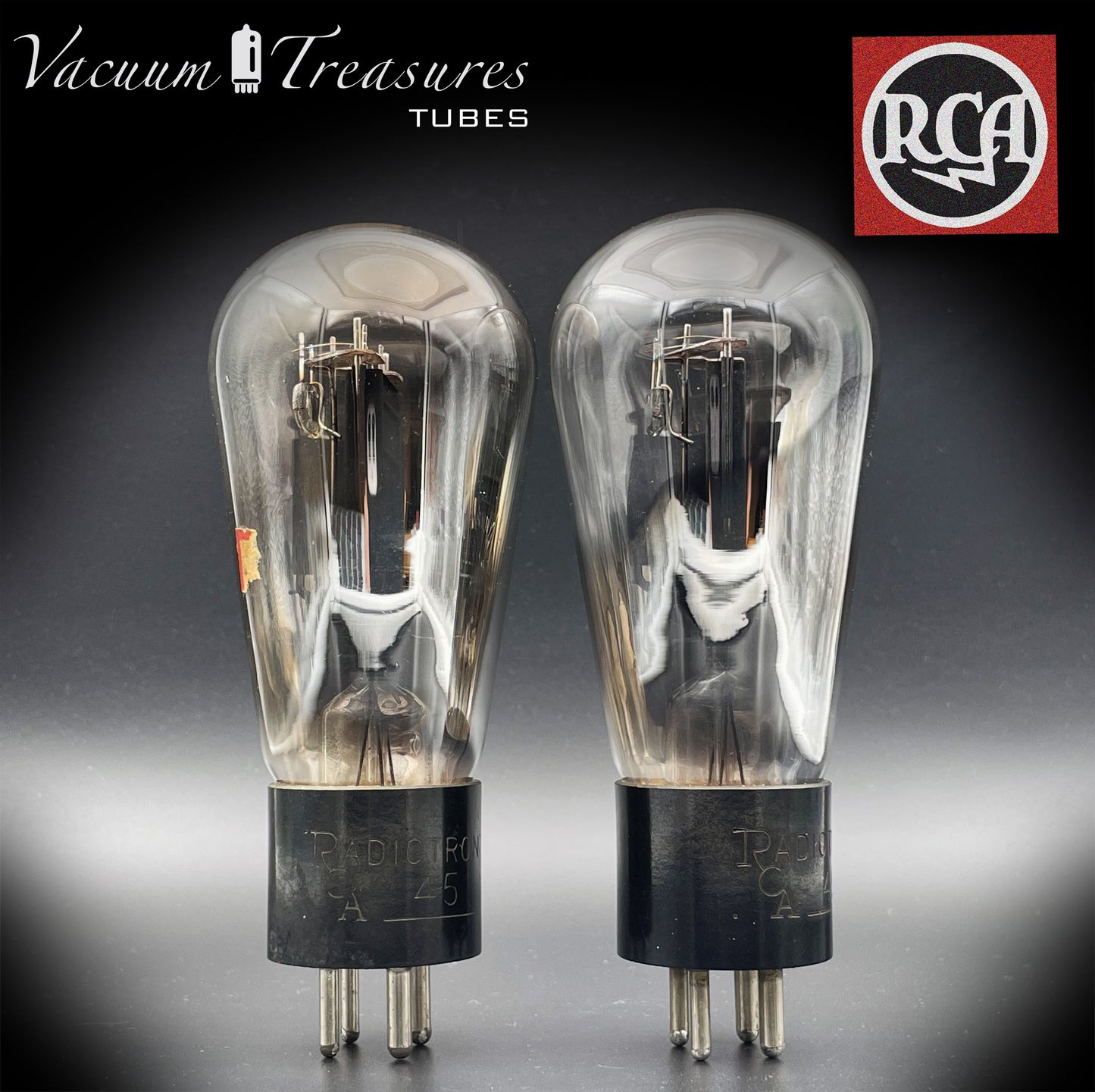 45 RCA Balloon Globe Black Plates Foil Dimpled Getter Matched Pair Radiotron Tubes Made in USA 1930's