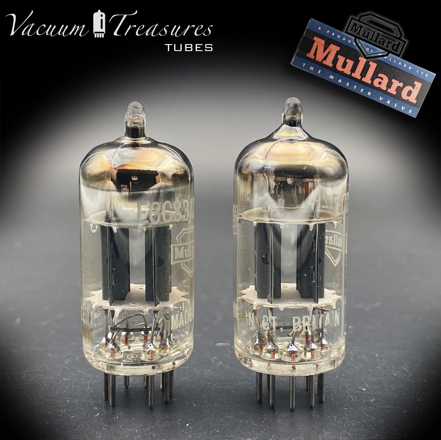12AX7 / ECC83 NOS MULLARD – Blackburn 1959 – Matched Pair – Short Gray Plates – Halo Getter – Same Data Code – AMPLITREX Tested