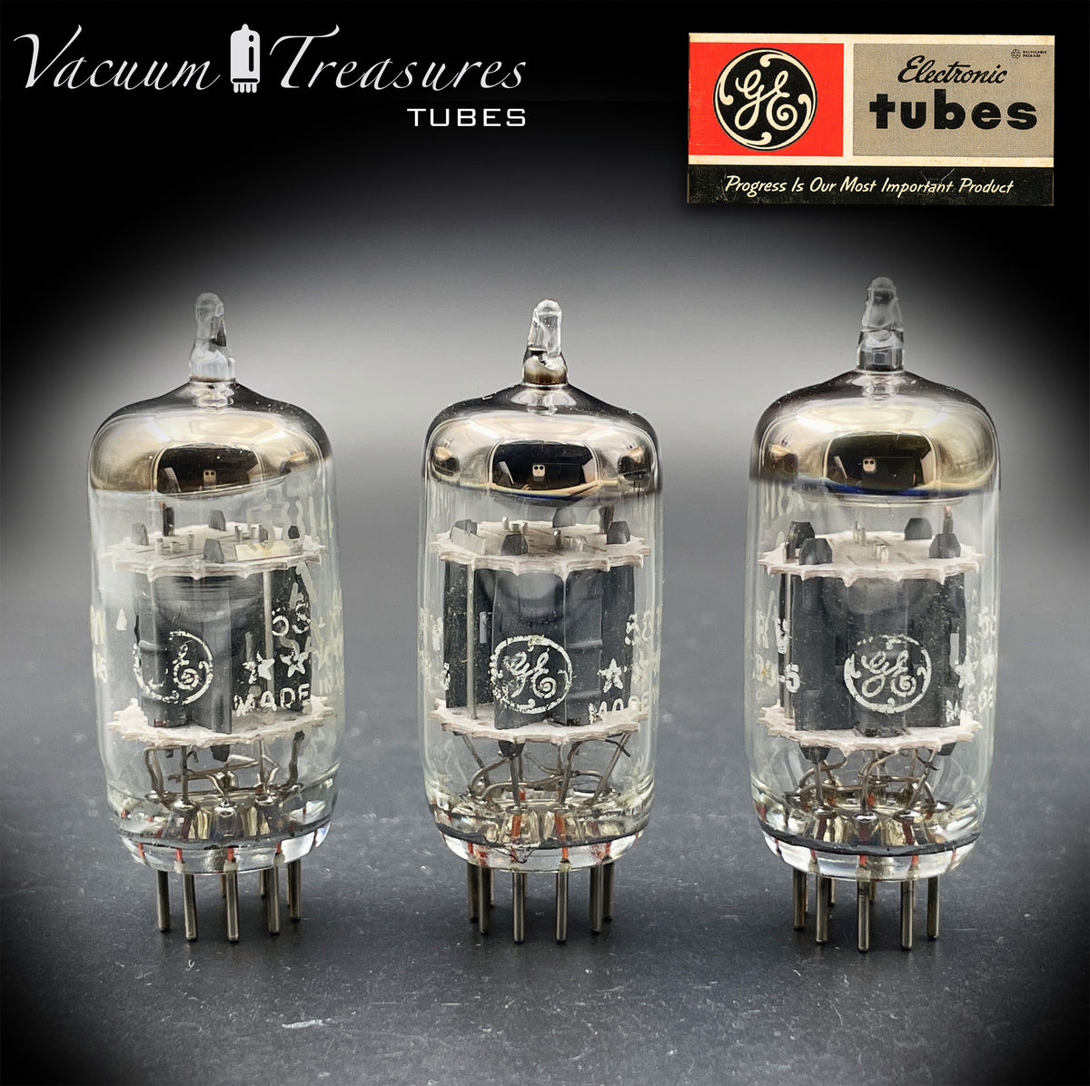 5814A / 12AU7WA / E82CC GE Five Stars Matched Trio Gray Plates Disc Getter Made in USA '66