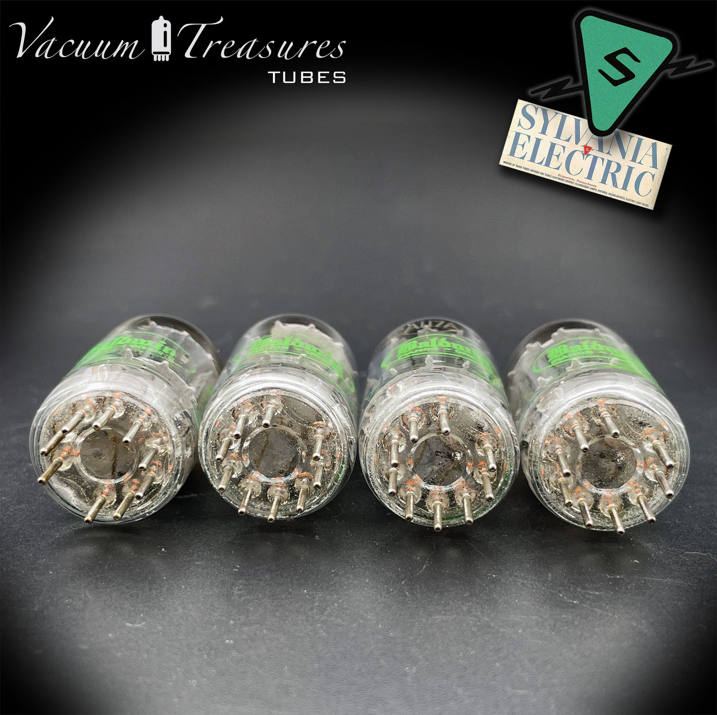 12AU7A / ECC82 NOS Baldwin by SYLVANIA Long Gray Plates Halo Getter Matched Quad Tubes Made in USA '60s