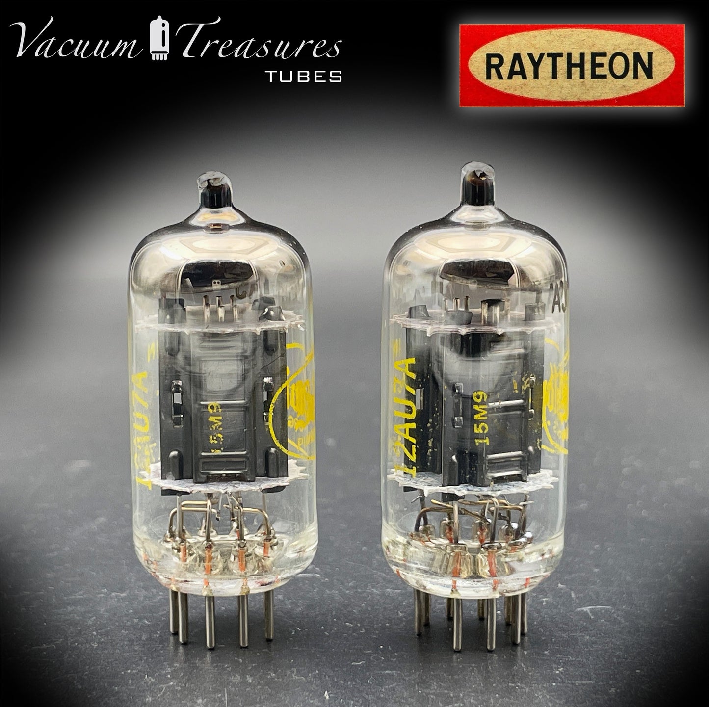 12AU7A / ECC82 NOS Baldwin by RAYTHEON Matched Pair Tubes Long Black Plates Halo Getter Made in USA '61