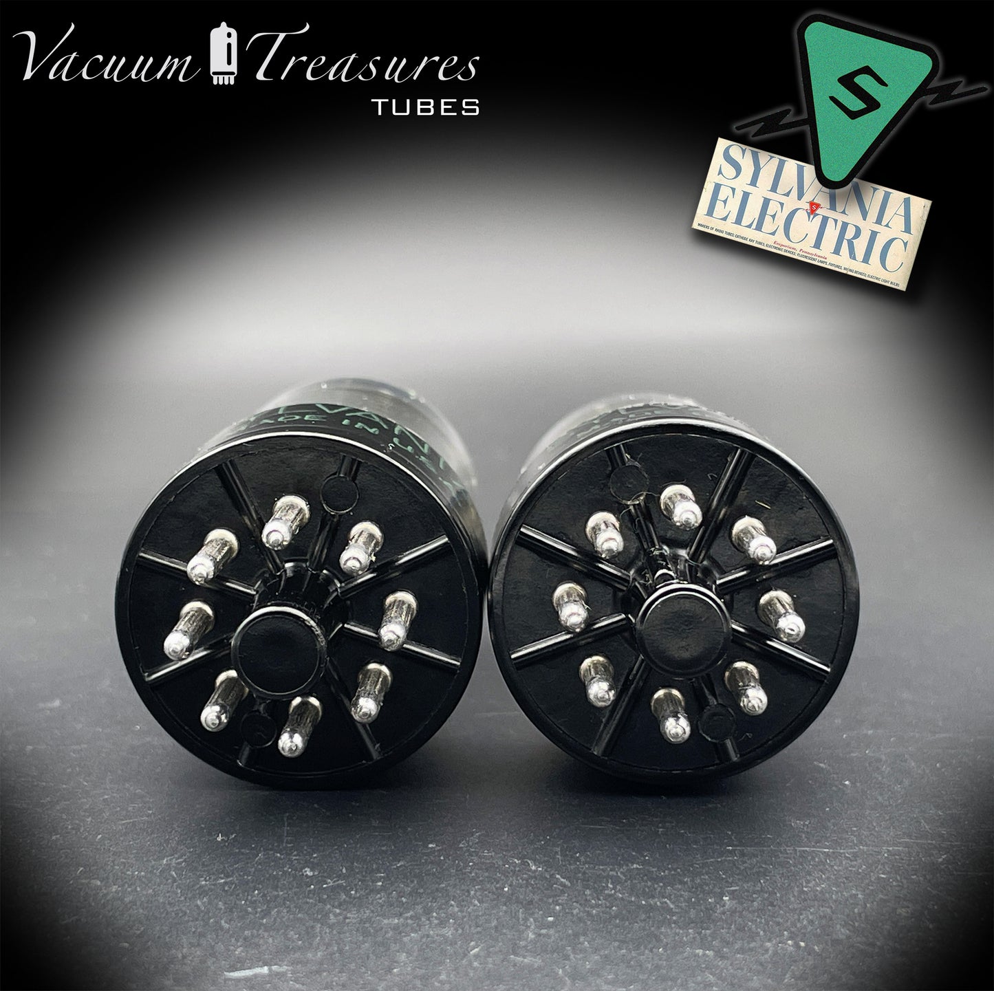 6SN7GTB NOS SYLVANIA CHROME TOP Green Dot Matched Pair Black Plates Tubes USA '50s