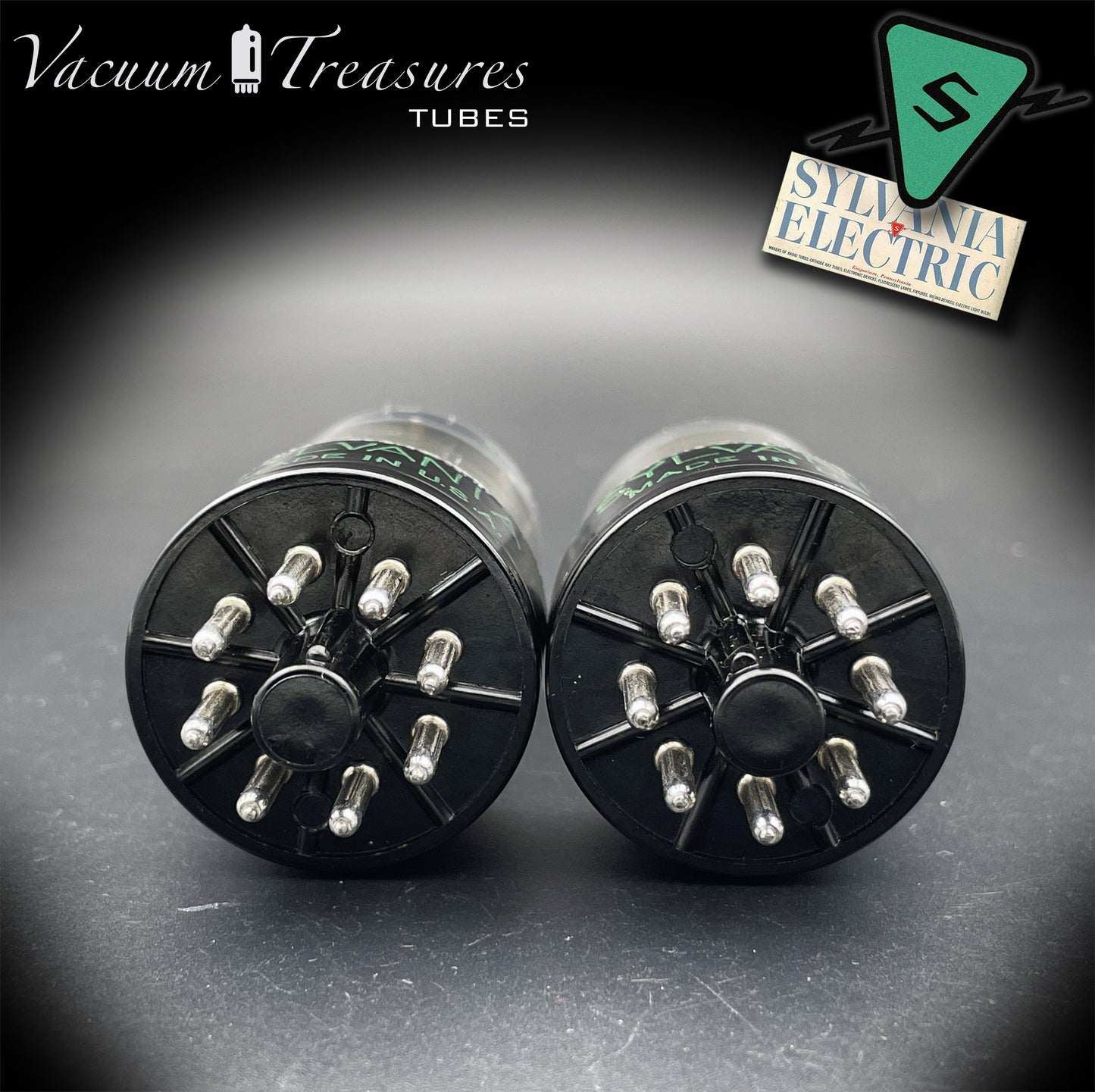 6SN7GTB NOS SYLVANIA CHROME TOP Green Dot Matched Pair Black Plates Tubes USA '50s