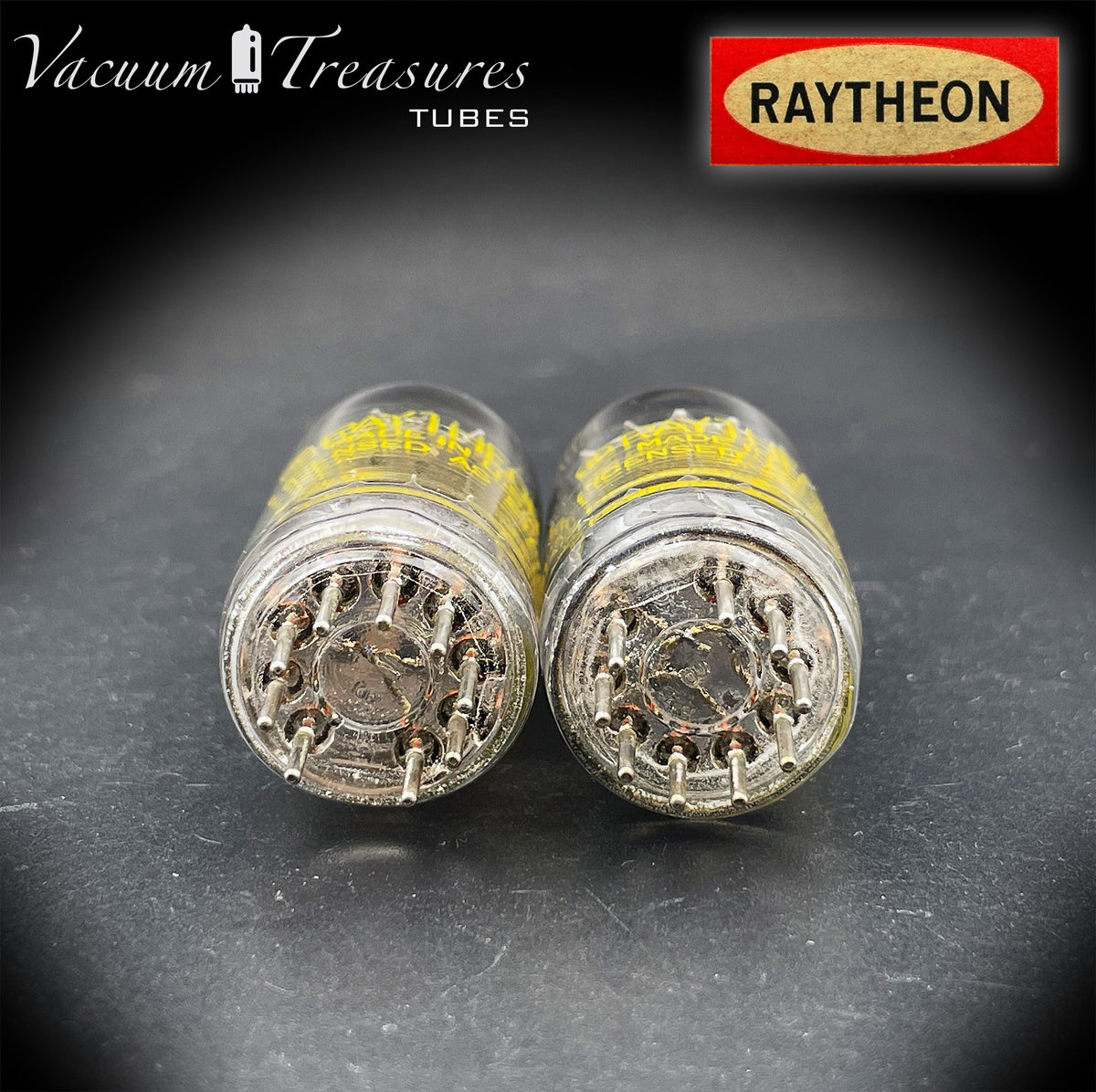12AU7 / ECC82 RAYTHEON Matched Pair Long Black Plate Square Getter Tested Tubes USA '57