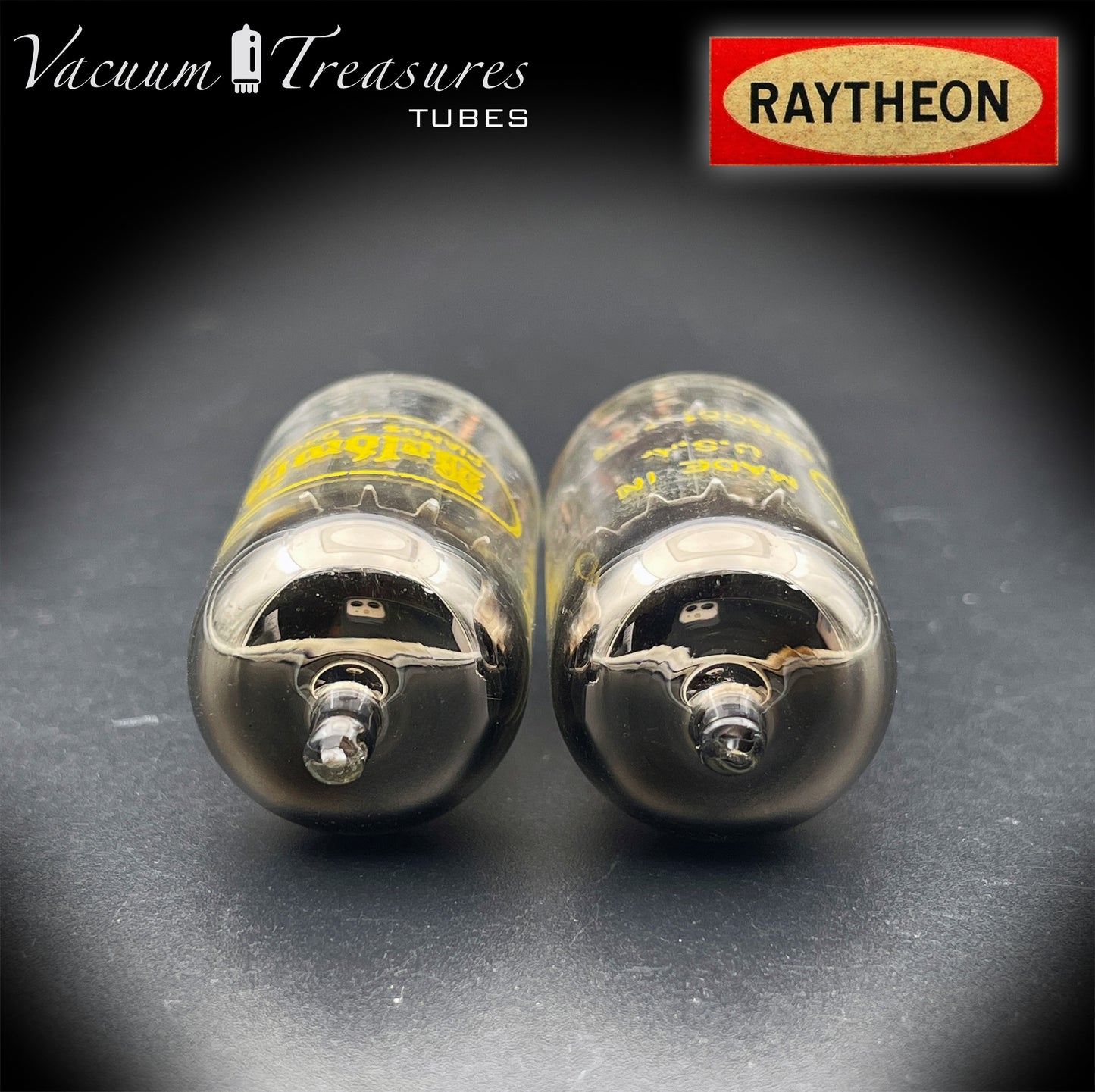 12AU7A / ECC82 NOS Baldwin by RAYTHEON Matched Pair Tubes Long Black Plates Halo Getter Made in USA '61