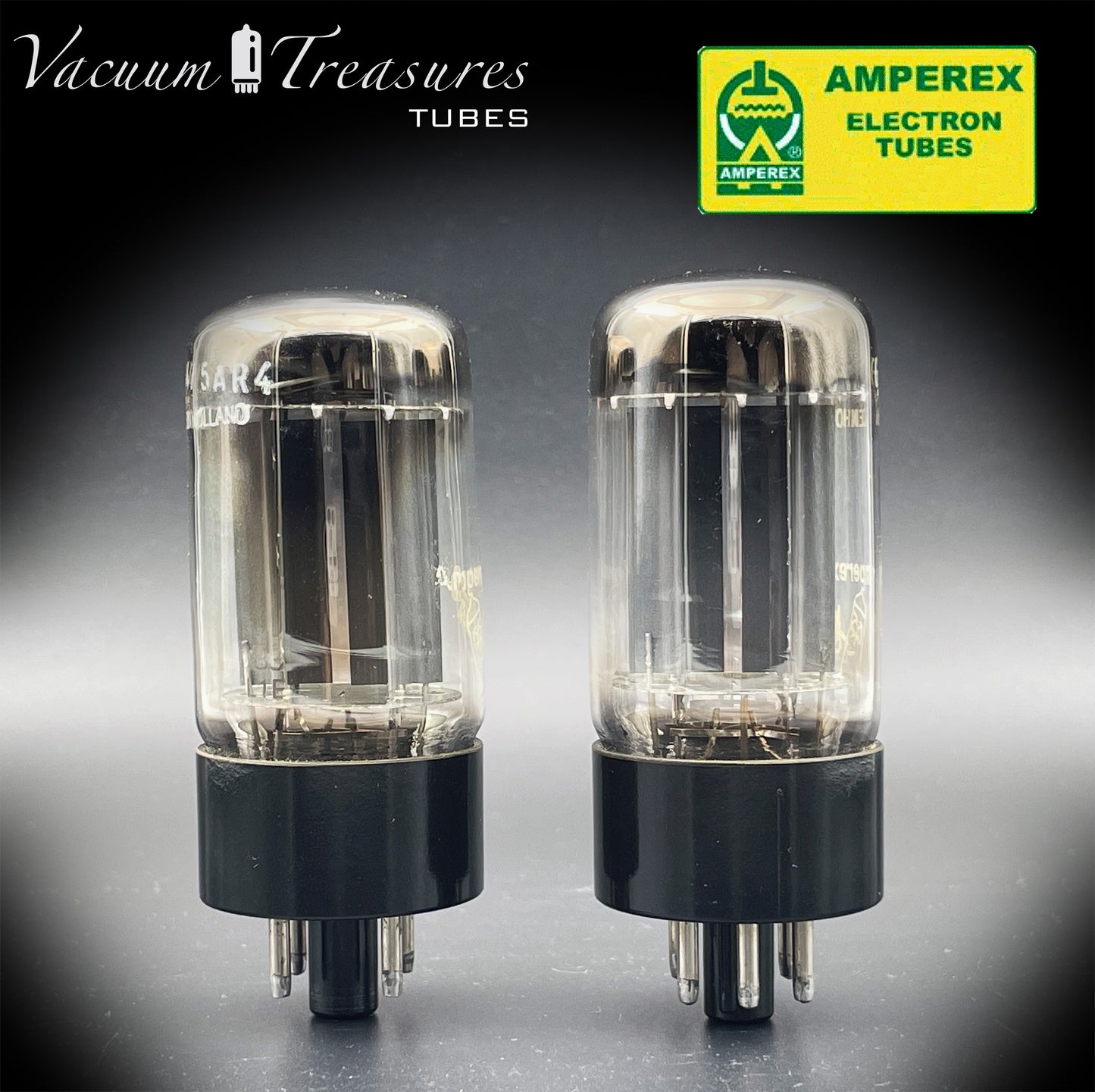 5AR4 ( GZ34 ) NOS AMPEREX Bugle Boy, Holland f33, smooth, Same codes, Matched Pair Tubes Rectifiers Made in HOLLAND