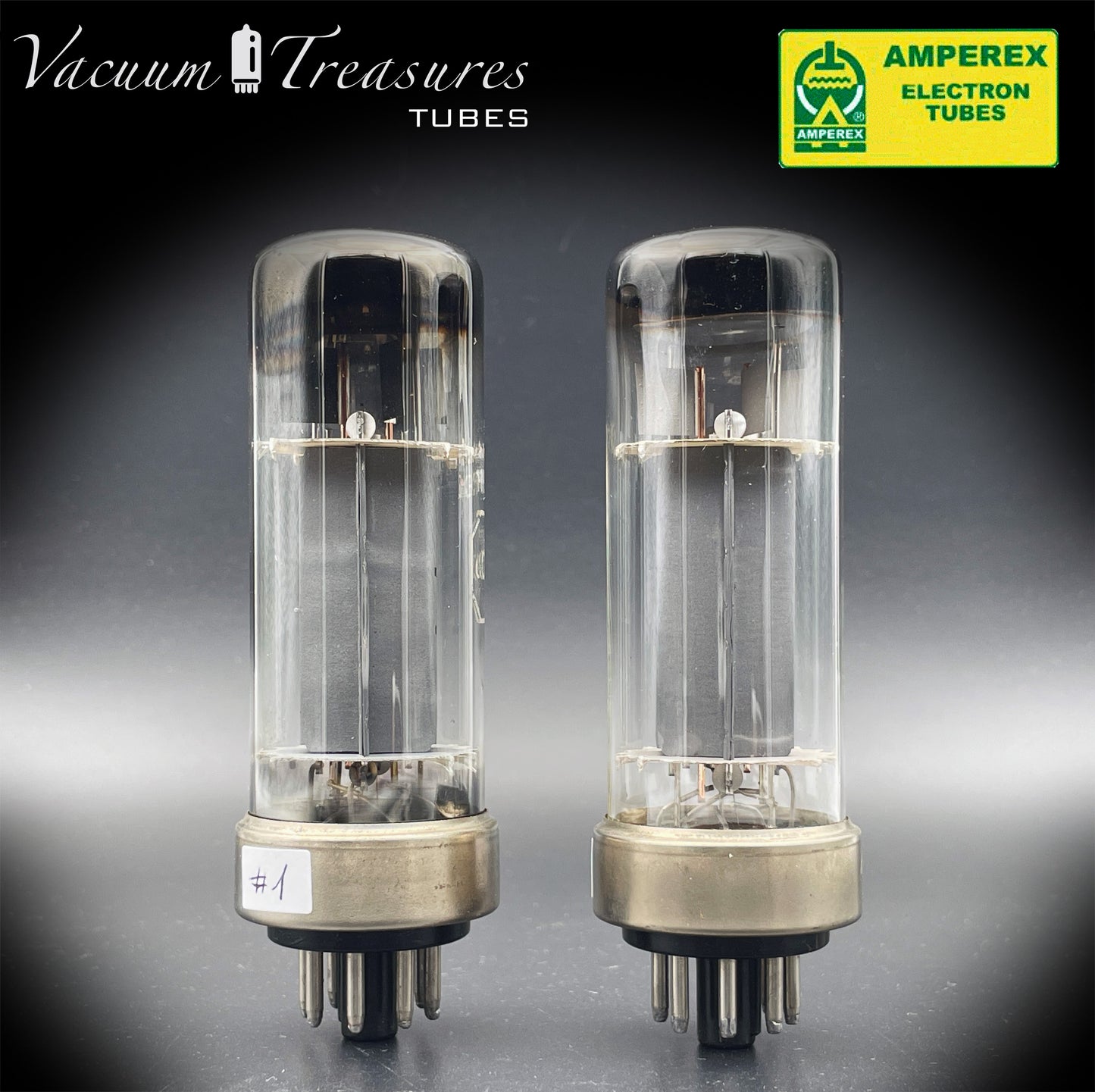 6CA7 EL34 AMPEREX by PHILIPS Eindhoven Metal Base ’55 One-Piece Disc Getter Matched Pair Amplitrex Tested Curves Included