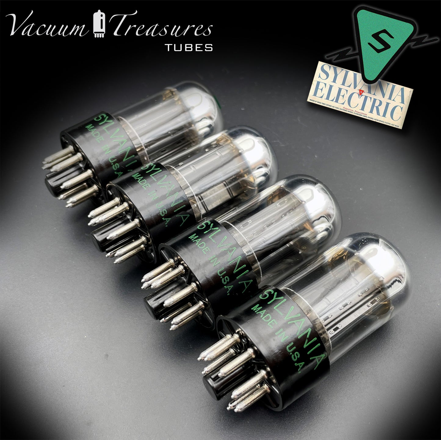 6SN7GTB NOS SYLVANIA CHROME TOP Green Dot Matched Quad Black Plates Tubes USA '50s