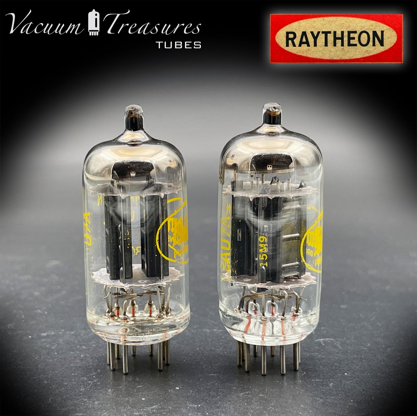 12AU7A / ECC82 NOS Baldwin by RAYTHEON Matched Pair Tubes Long Black Plates Halo Getter Made in USA '61