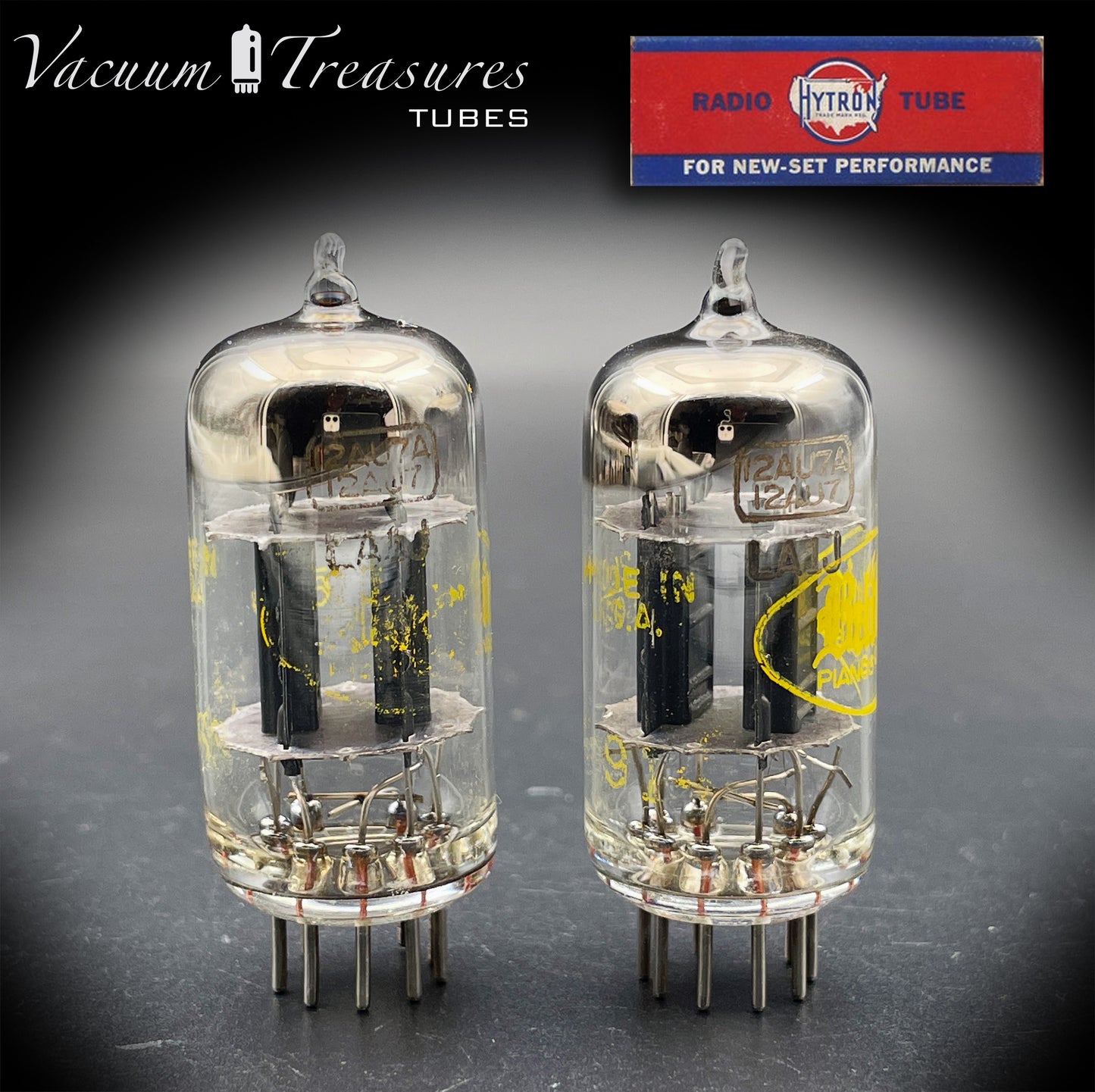 12AU7A ECC82 Baldwin / HYTRON Matched Pair Black Plates Halo Getter Tested Tubes USA