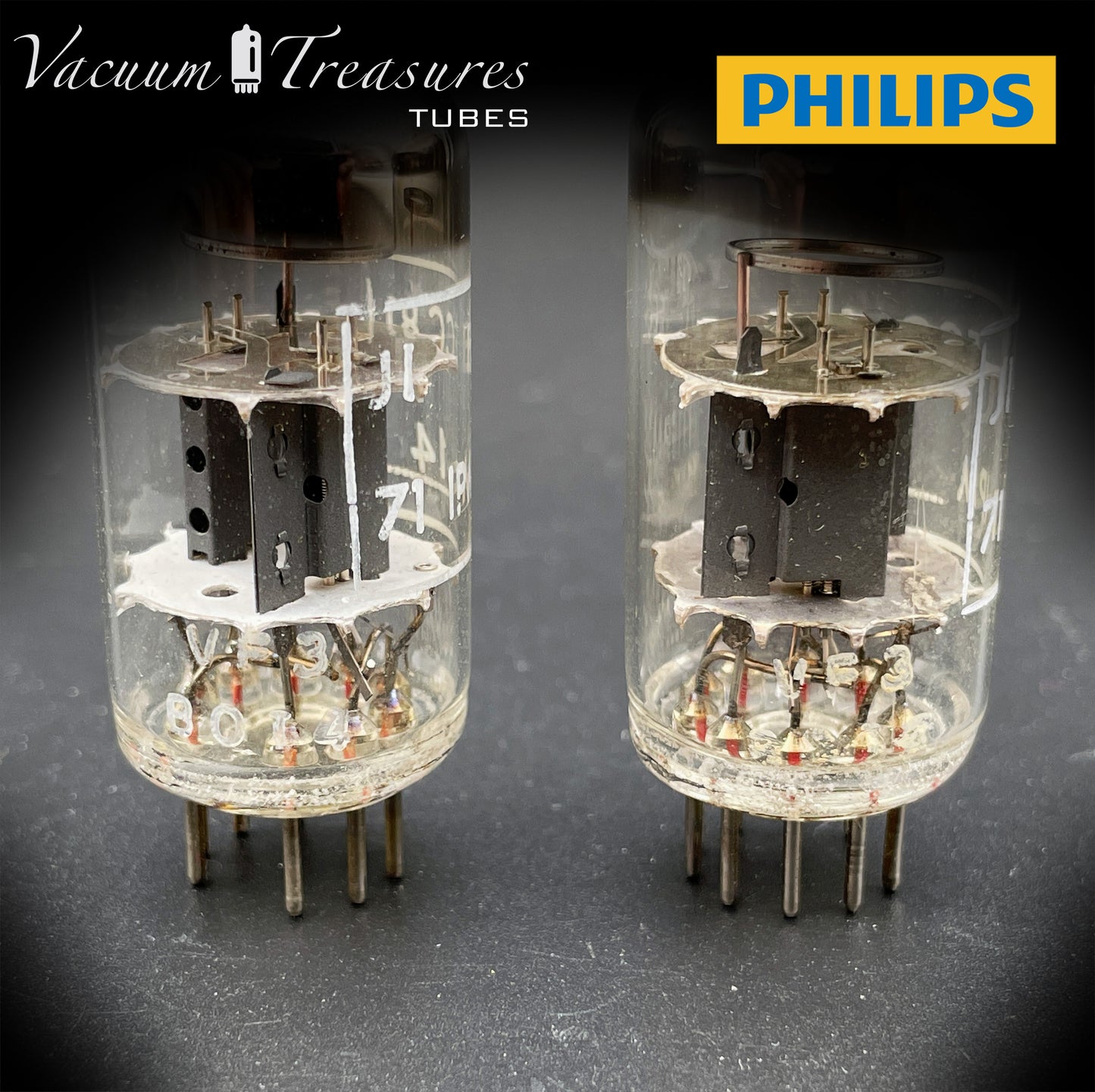 12AT7 ( ECC81 ) NOS NIB PHILIPS by Mullard, Blackburn Plant, Wing Gray Plates Halo Getter Matched Pair Tubes MADE IN GT. BRITAIN