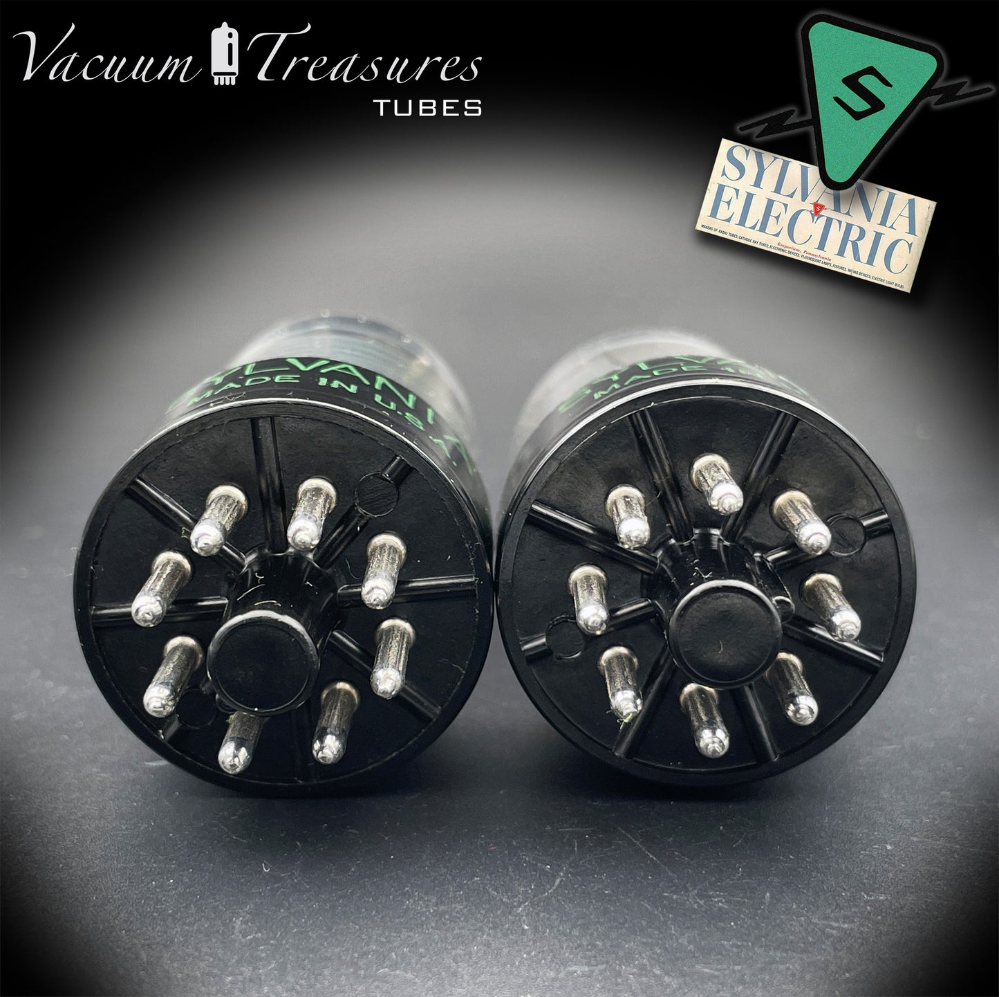 6SN7GTB NOS SYLVANIA CHROME TOP Green Dot Matched Pair Black Plates Tubes USA '50s