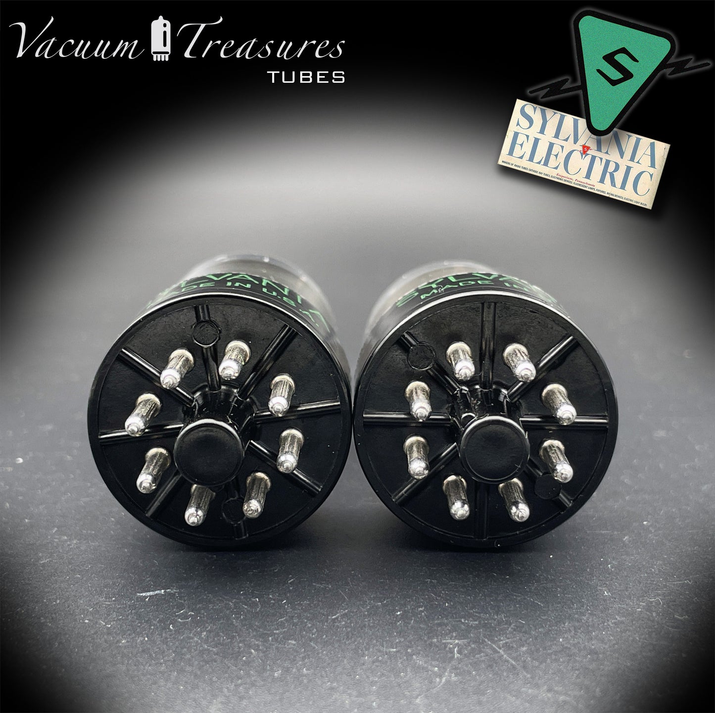6SN7GTB NOS SYLVANIA CHROME TOP Green Dot Matched Pair Black Plates Tubes USA '50s