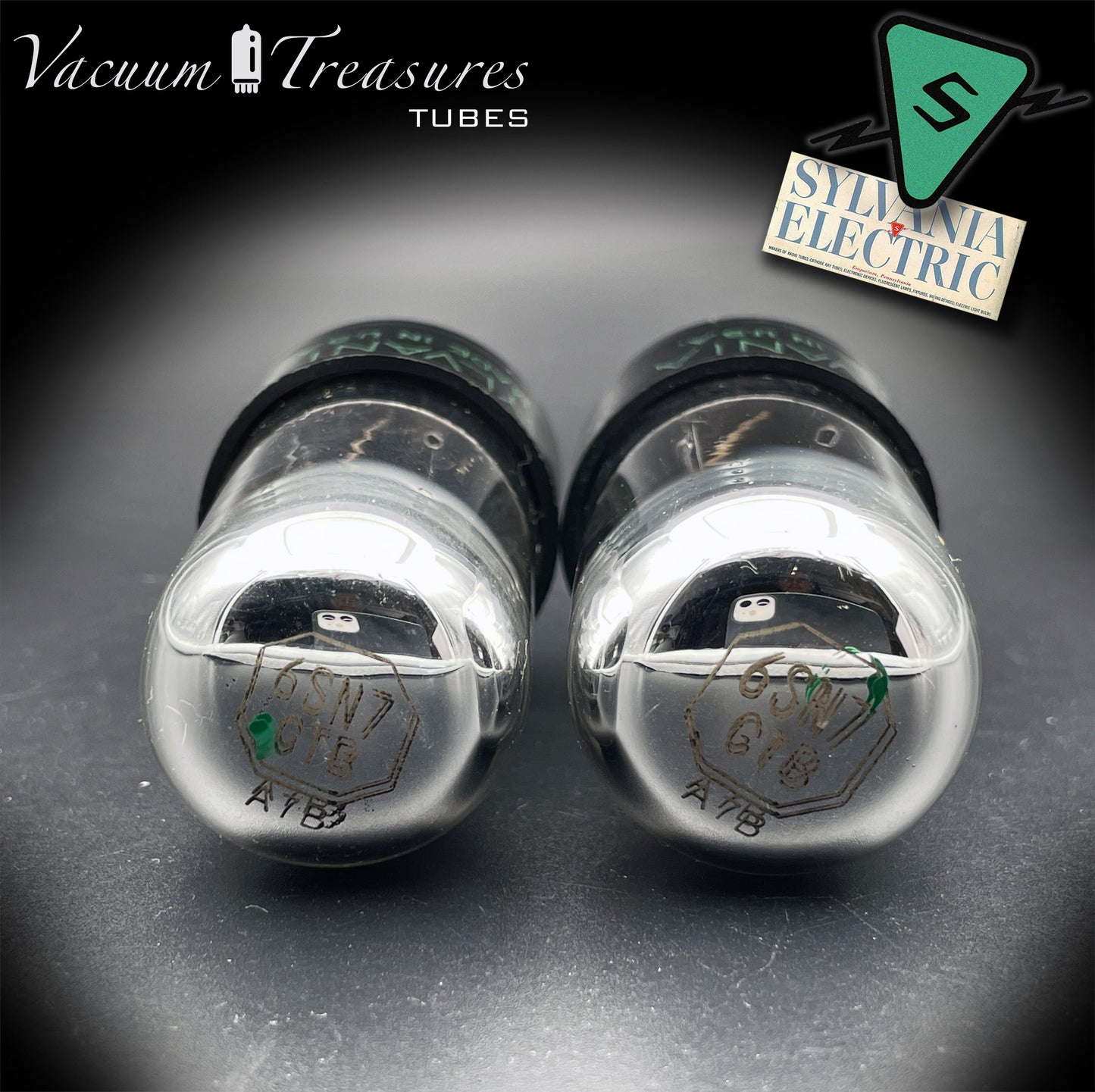 6SN7GTB NOS SYLVANIA CHROME TOP Green Dot Matched Pair Black Plates Tubes USA '50s