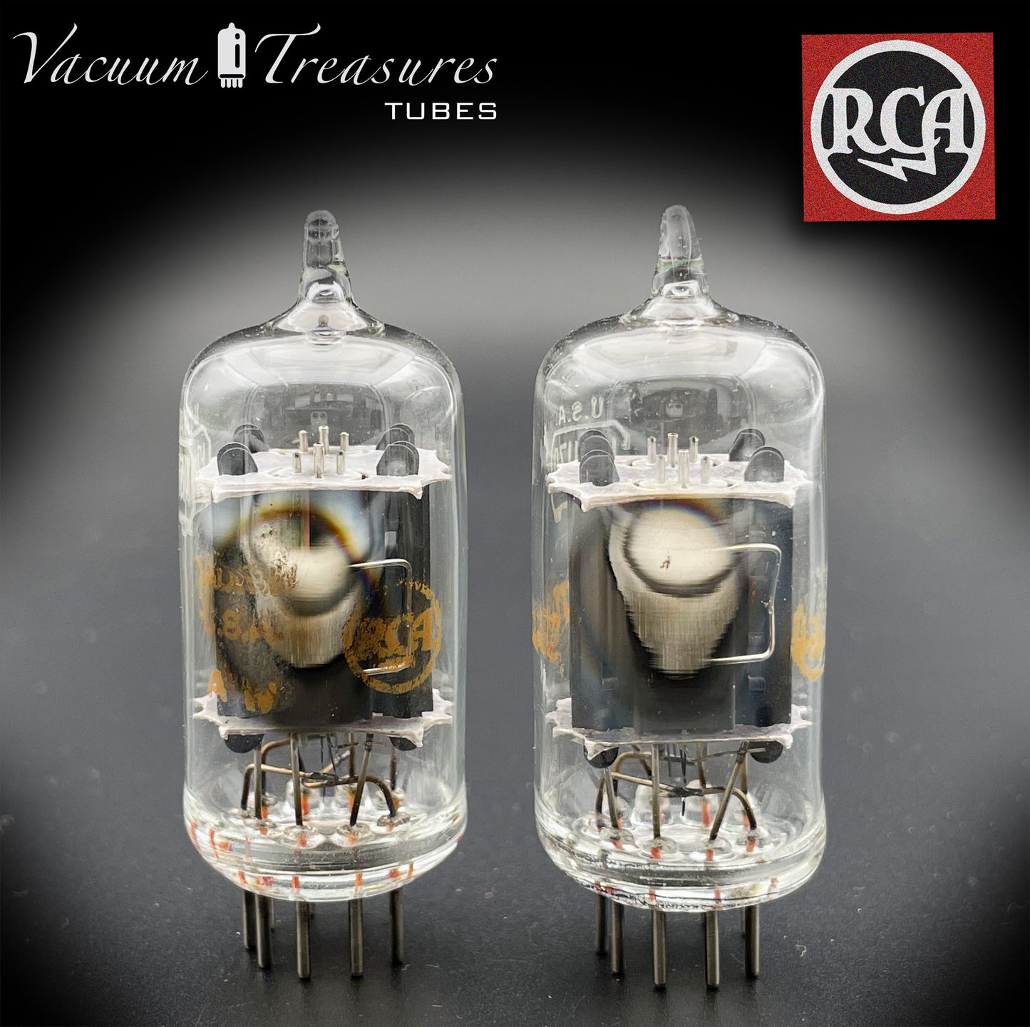 12AU7 A (ECC82) RCA, transparente Oberseite, lange graue Platten, Seite [] Getter-abgestimmte Röhren, hergestellt in den USA