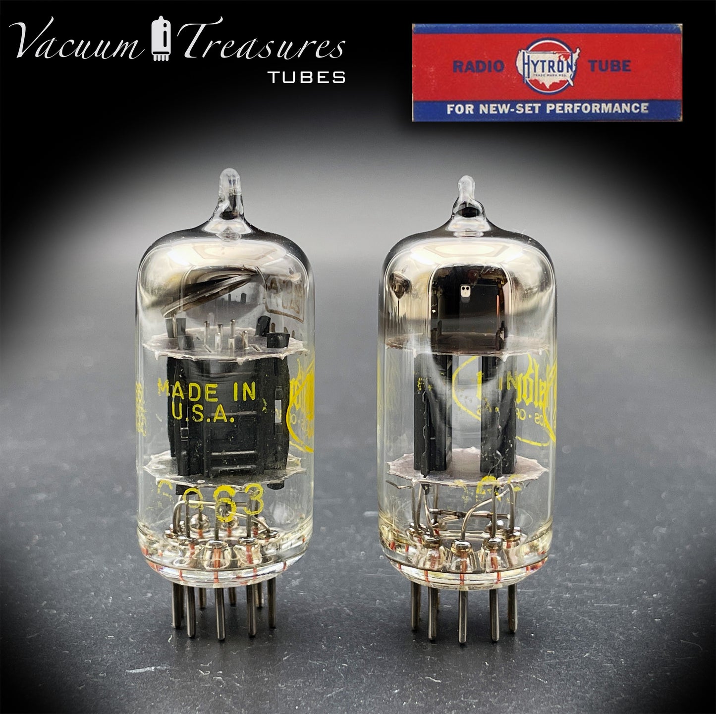 12AU7A ECC82 Baldwin / HYTRON Matched Pair Black Plates Halo Getter Tested Tubes USA