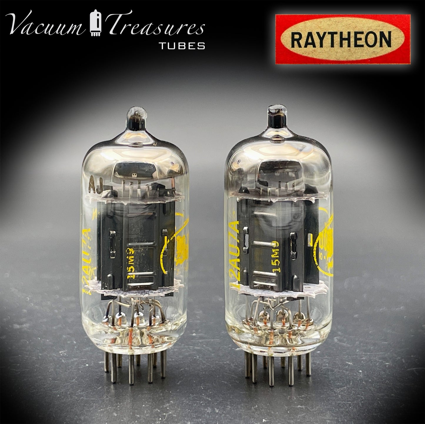 12AU7A / ECC82 NOS Baldwin by RAYTHEON Matched Pair Tubes Long Black Plates Halo Getter Made in USA '61