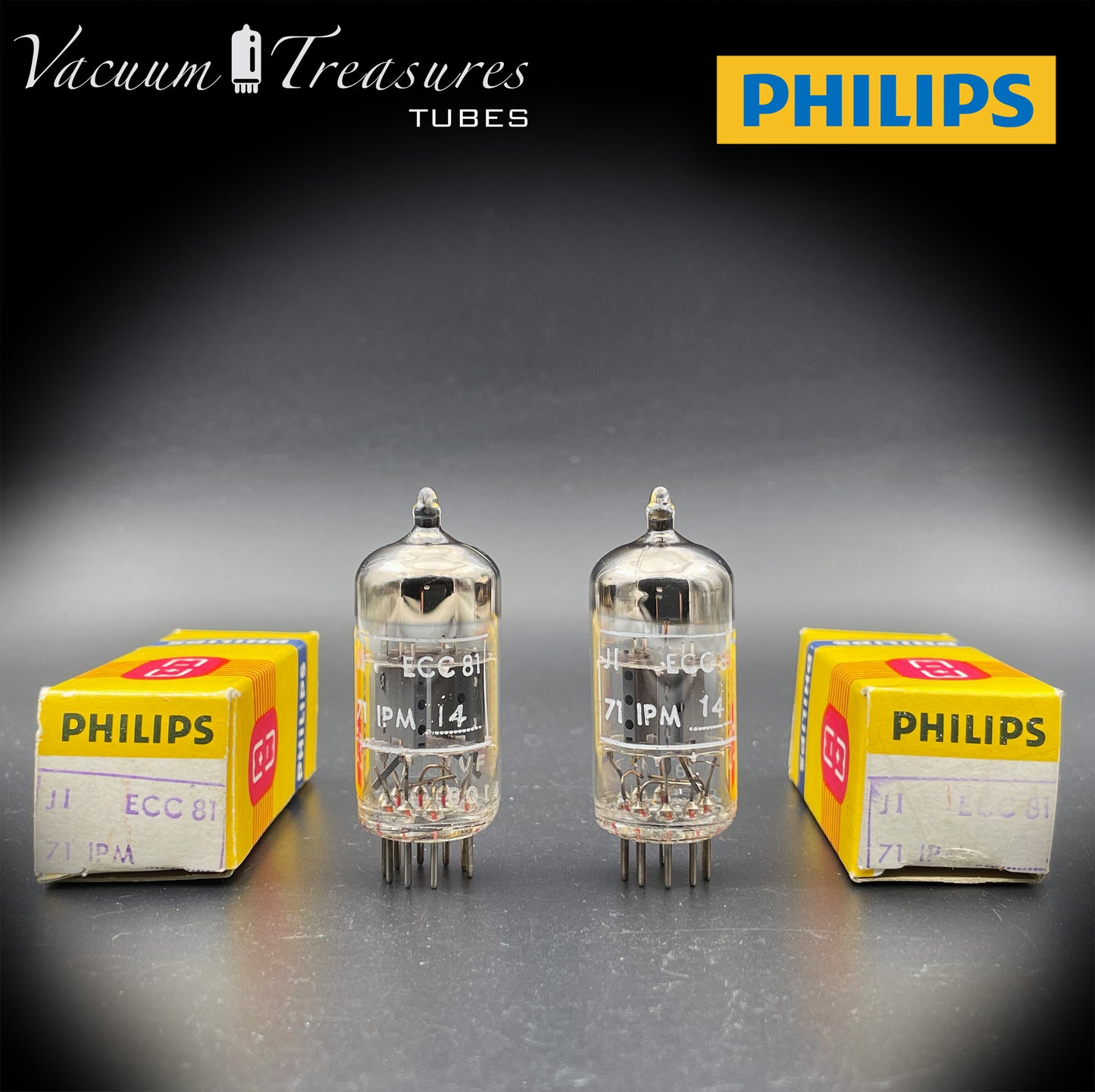 12AT7 ( ECC81 ) NOS NIB PHILIPS by Mullard, Blackburn Plant, Wing Gray Plates Halo Getter Matched Pair Tubes MADE IN GT. BRITAIN