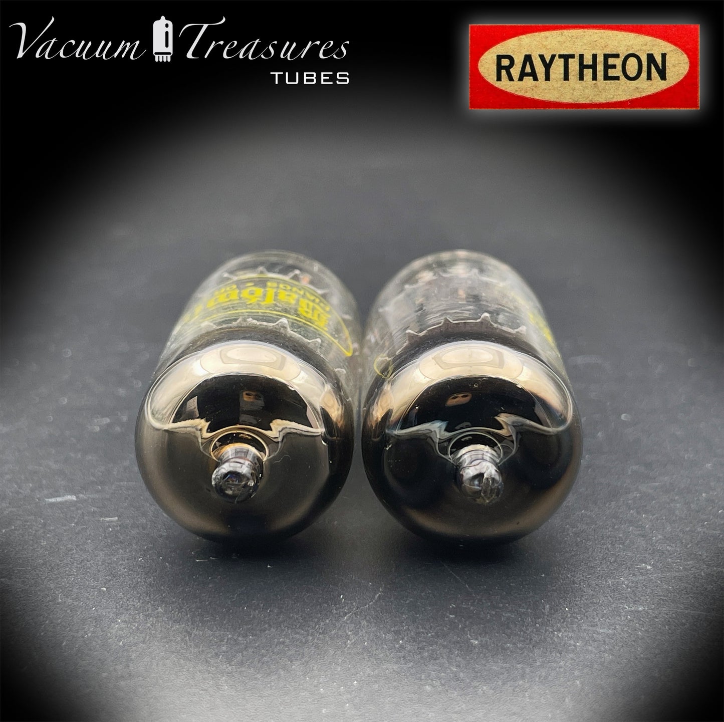 12AU7A / ECC82 Baldwin by RAYTHEON Matched Pair Tubes Long Black Plates Halo Getter Made in USA '60s
