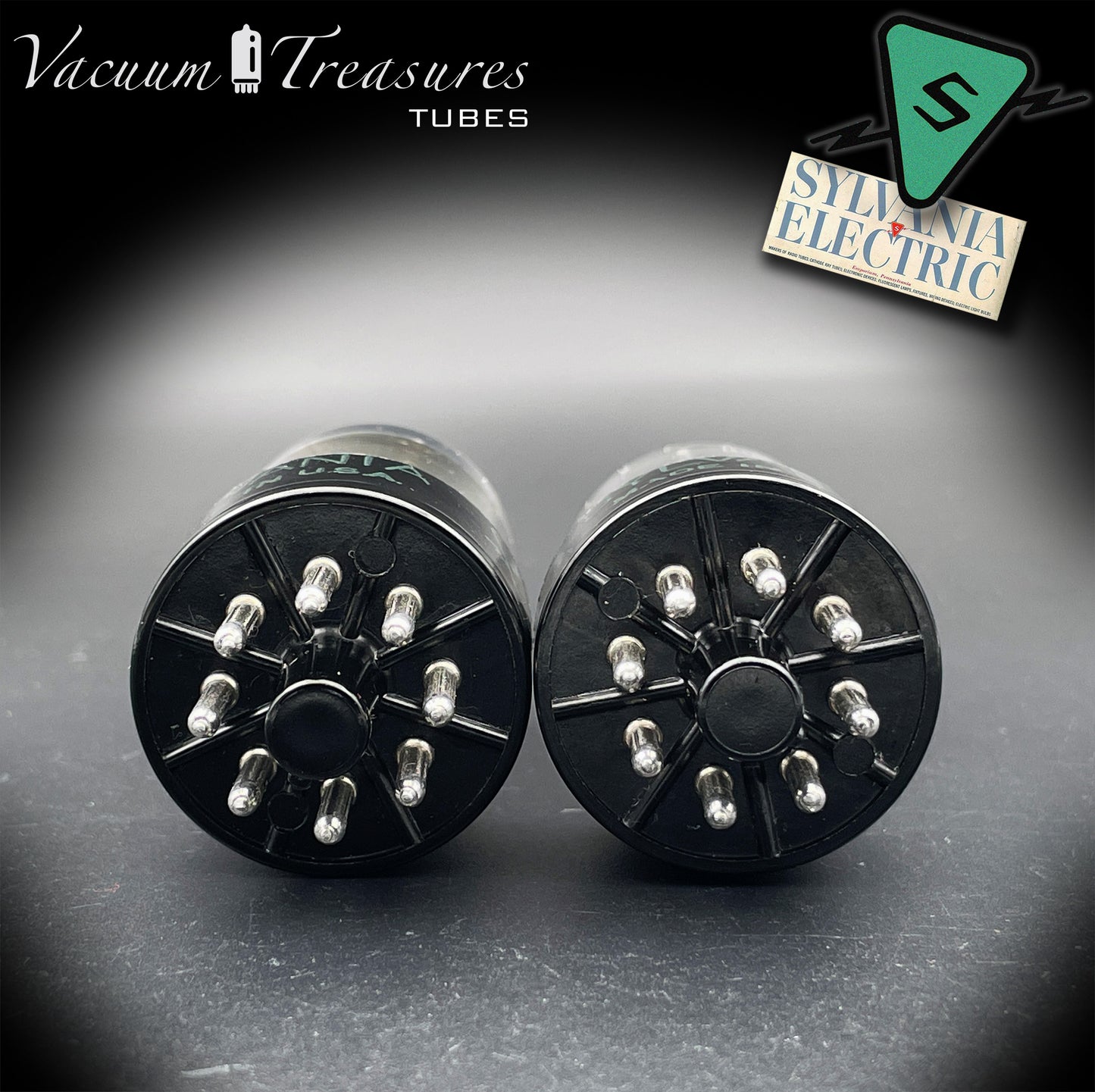 6SN7GTB NOS SYLVANIA CHROME TOP Green Dot Matched Pair Black Plates Tubes USA '50s