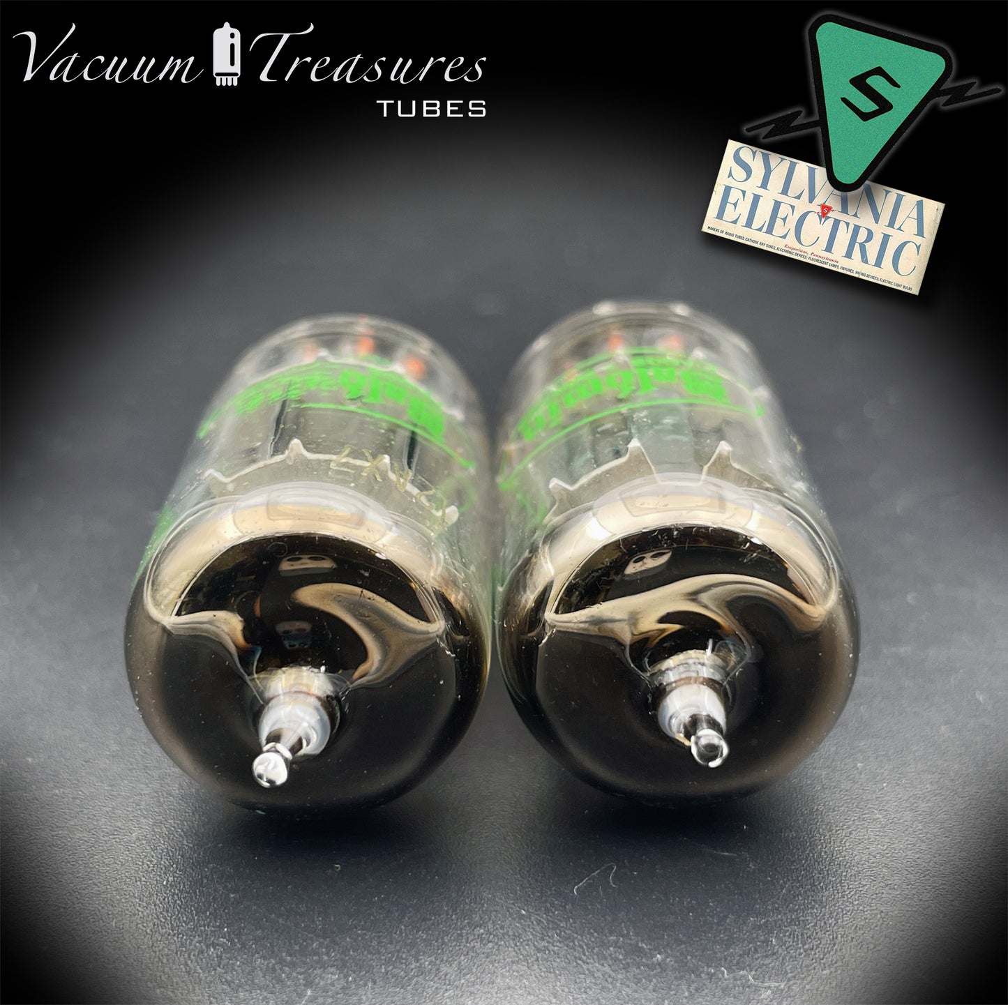 12AX7 ECC83 Baldwin by SYLVANIA – Matched Pair – Long Gray Plates Halo Getter USA 1959