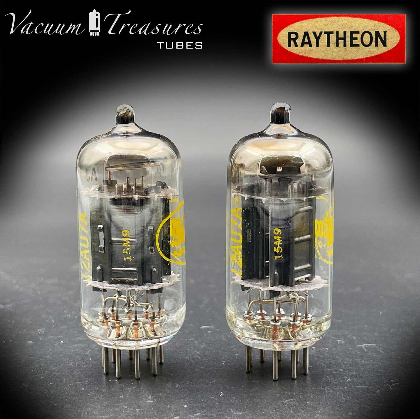 12AU7A / ECC82 NOS Baldwin by RAYTHEON Matched Pair Tubes Long Black Plates Halo Getter Made in USA '61