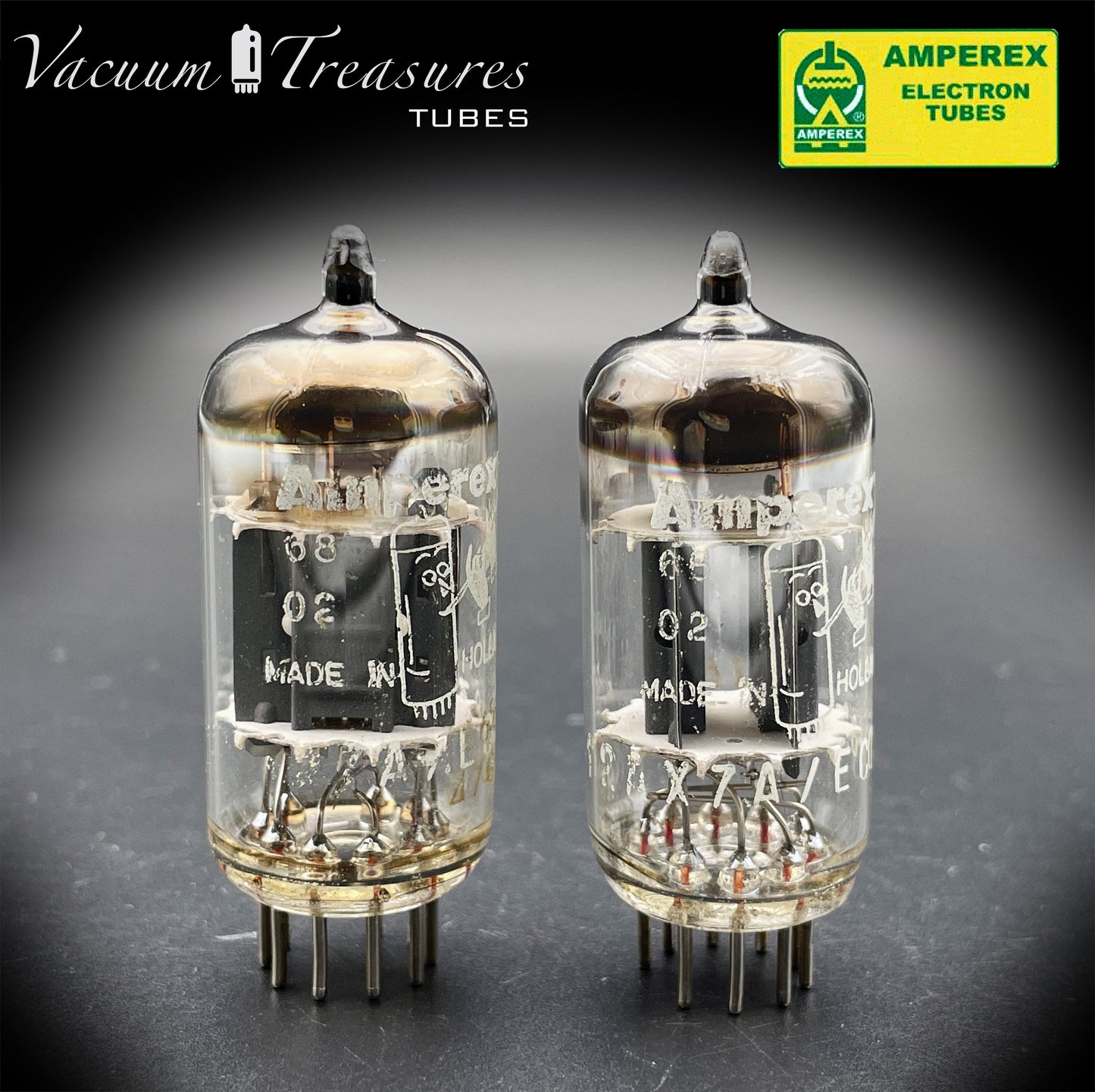 12AX7 / ECC83 NOS AMPEREX Bugle Boy Matched Pair Short plates Same Date Codes Tubes MADE IN HOLLAND '67