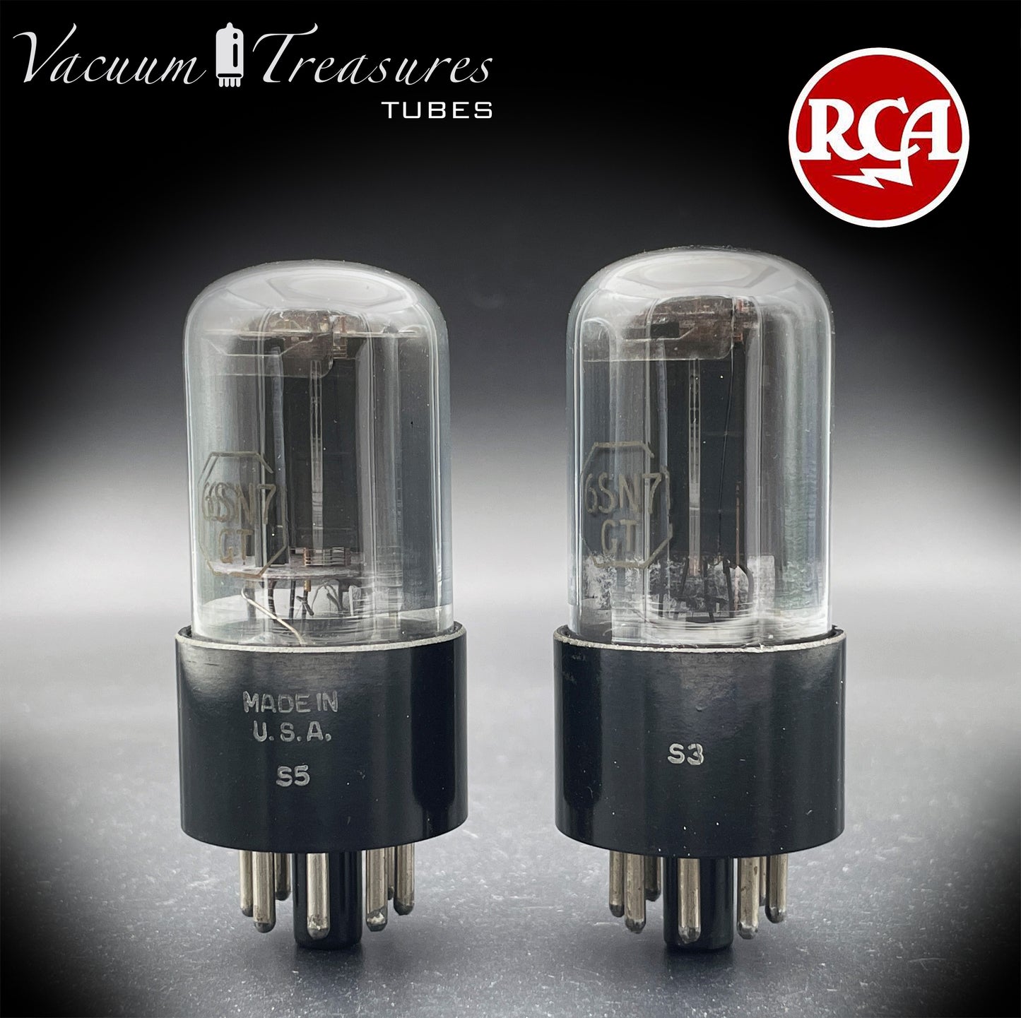 6SN7 GT RCA Radiotron Smoked Glass Matched Pair Silver Logo Black Plates D Getter AMPLITREX Tested Low Noise Tubes
